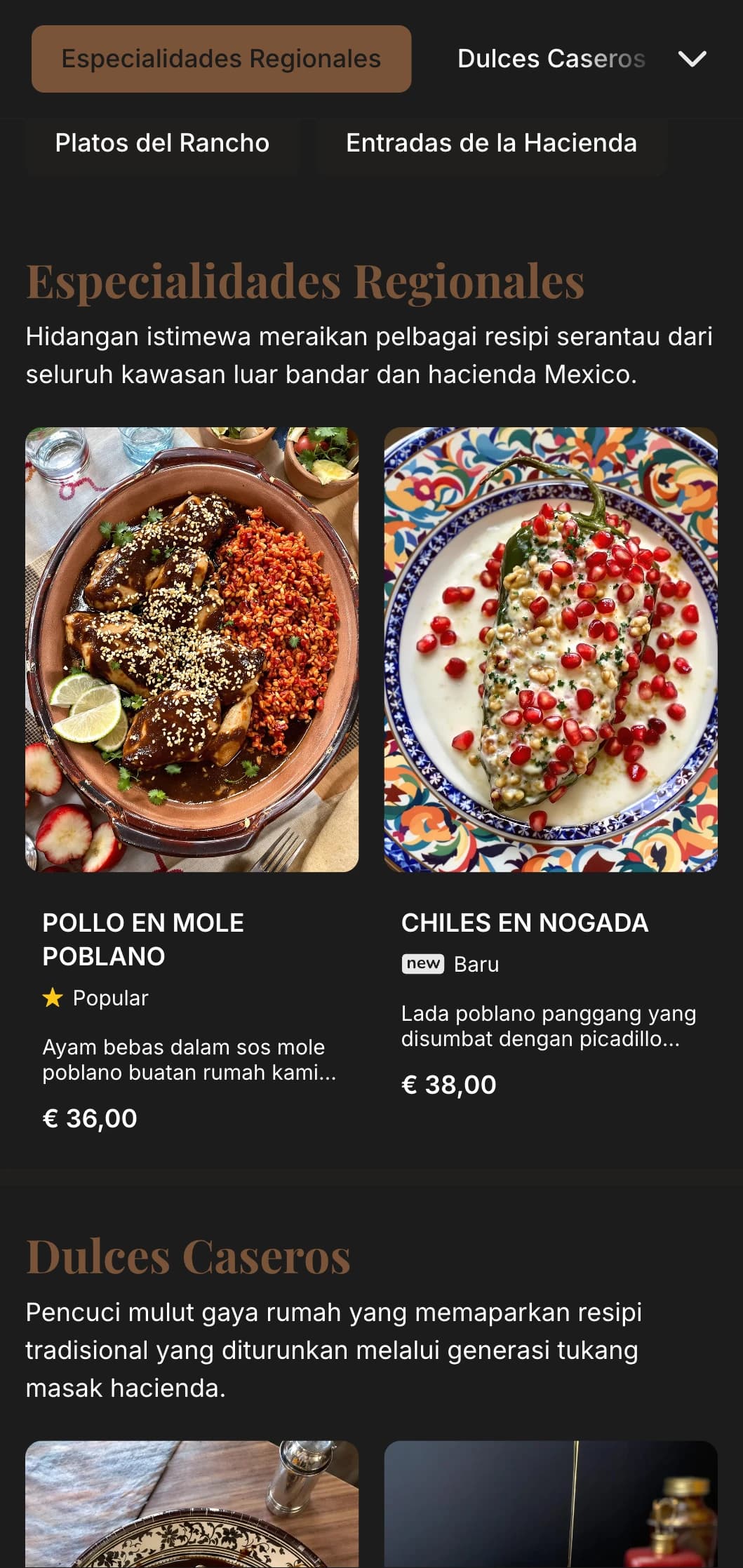 Menu gaya hacienda Mexico desa dan hangat yang menampilkan tekstur kayu yang mewah, resipi tradisional dan hidangan lazat dalam suasana ladang yang elegan.