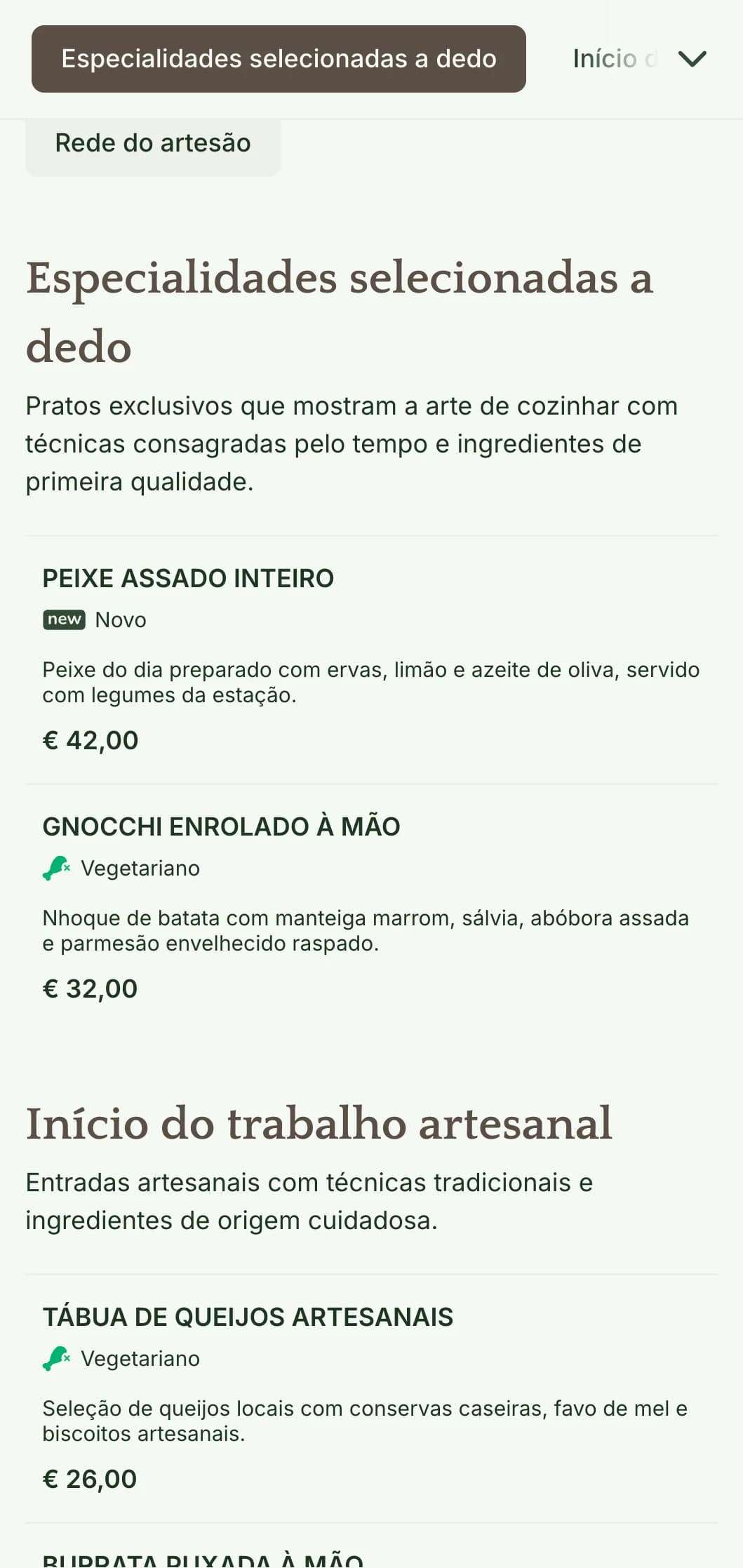 Um menu de jantar artesanal e aconchegante com elementos de design inspirados em artesanato e tons terrosos, perfeito para restaurantes com foco em culinária artesanal.