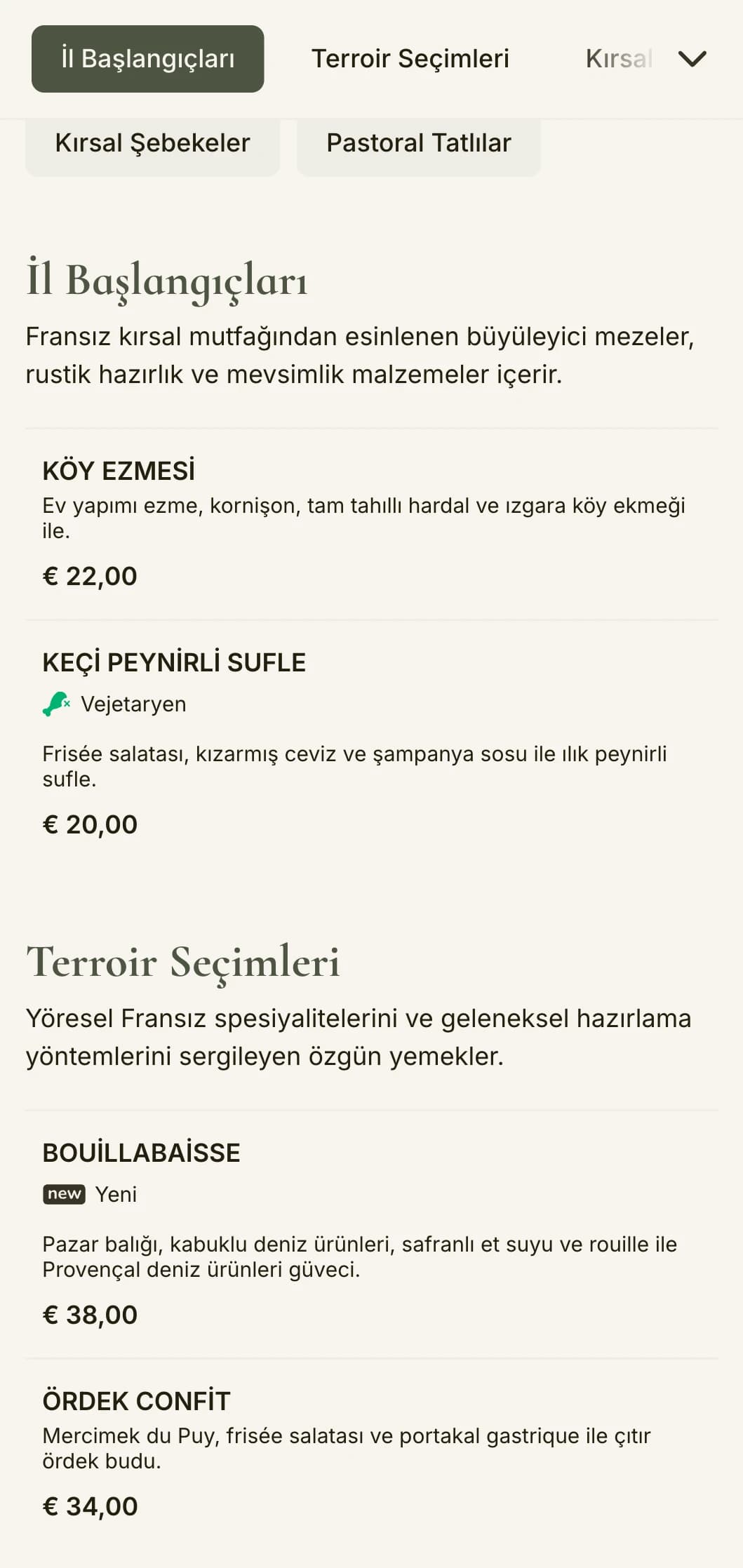 Fransız kırsal estetiğinden ilham alan, adaçayı yeşili tonları ve rustik zarafet içeren büyüleyici bir akşam yemeği menüsü.