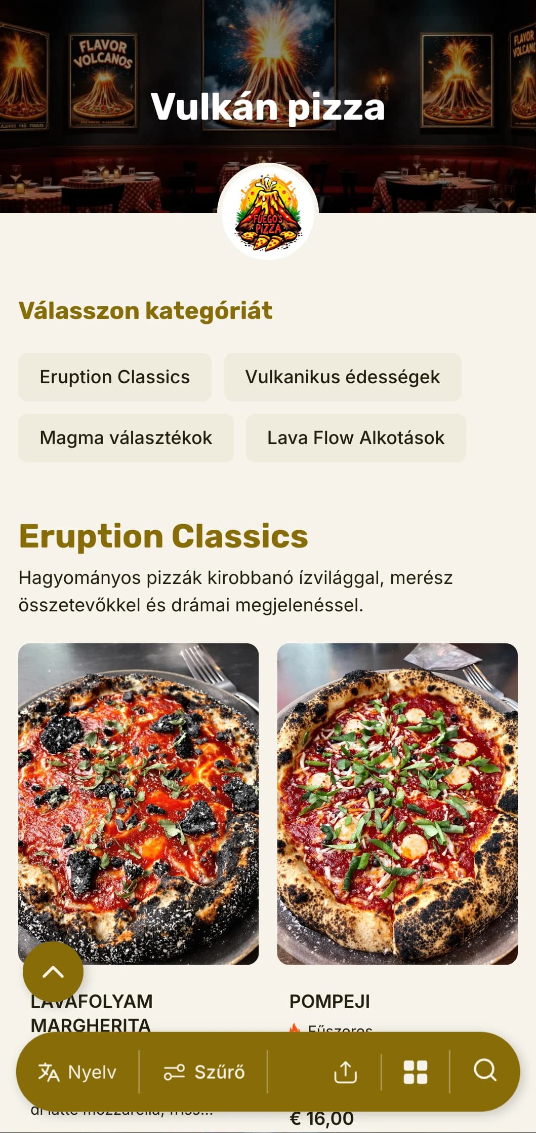 Merész, figyelemfelkeltő pizzamenü drámai vizuális hierarchiával a kalandvágyó pizzériák számára.