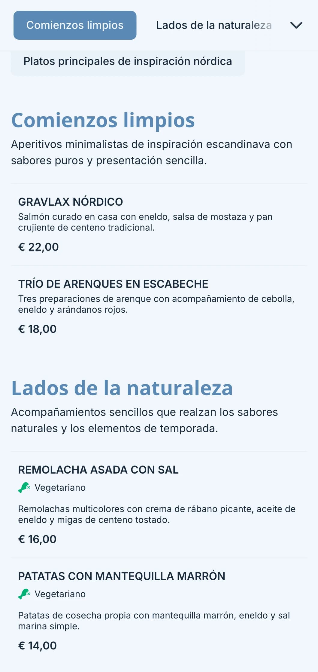 Catering limpio de inspiración escandinava con diseño minimalista, elementos fermentados y presentación inspirada en la naturaleza para eventos modernos.