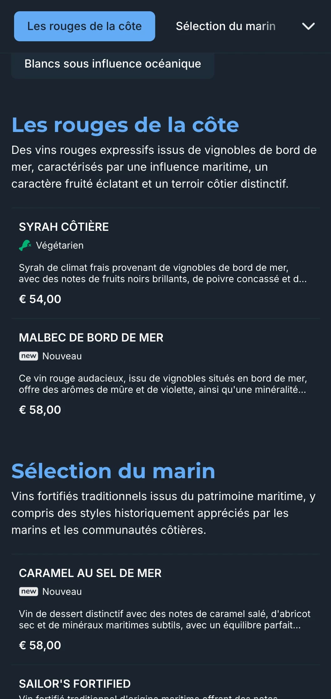 Modèle de carte des vins sombre d'inspiration méditerranéenne avec des accents bleus vibrants, parfait pour les restaurants côtiers du soir et les expériences œnologiques en bord de mer.