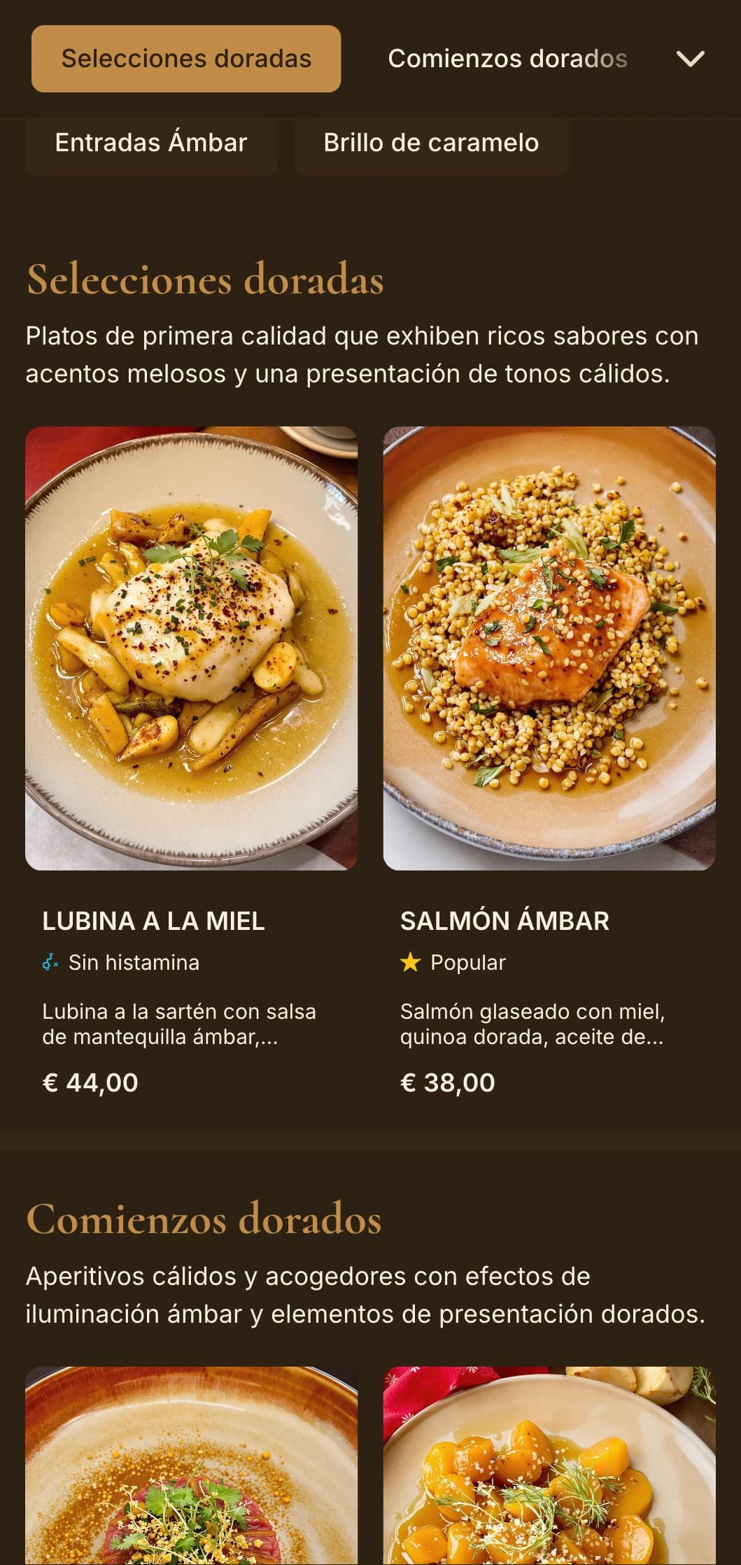 Concepto gastronómico rico y cálido con tonos ámbar e iluminación dorada para una experiencia íntima de lujo.