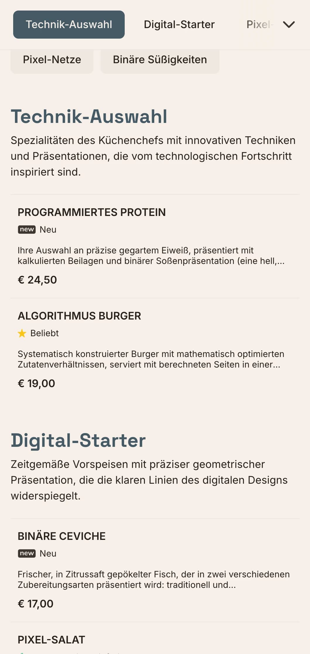 Digital inspiriertes Design für Mittagsmenüs mit technischer Ästhetik und präzisem Rasterlayout, perfekt für Restaurants in Innovationsvierteln und in der Nähe von Technologieunternehmen.