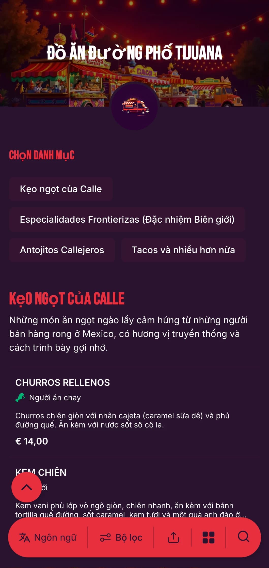 Thực đơn đồ ăn đường phố đậm đà và năng động lấy cảm hứng từ nền ẩm thực sôi động của Tijuana với màu sắc tươi sáng, kiểu chữ giản dị và các món taco đặc trưng.
