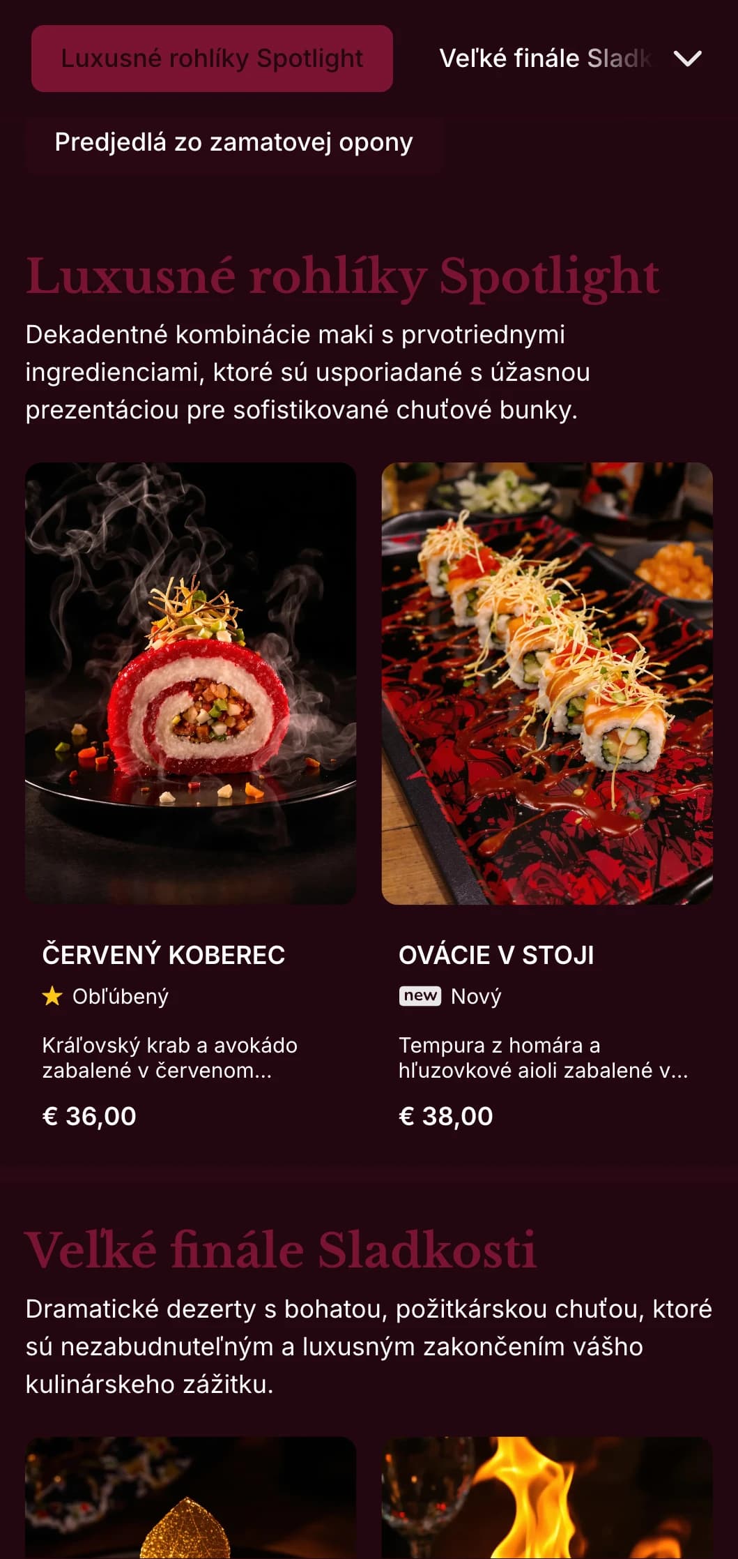 Luxusný zážitok zo sushi s bohatými tónmi červeného zamatu a dramatickými prvkami pre prémiové miesta.