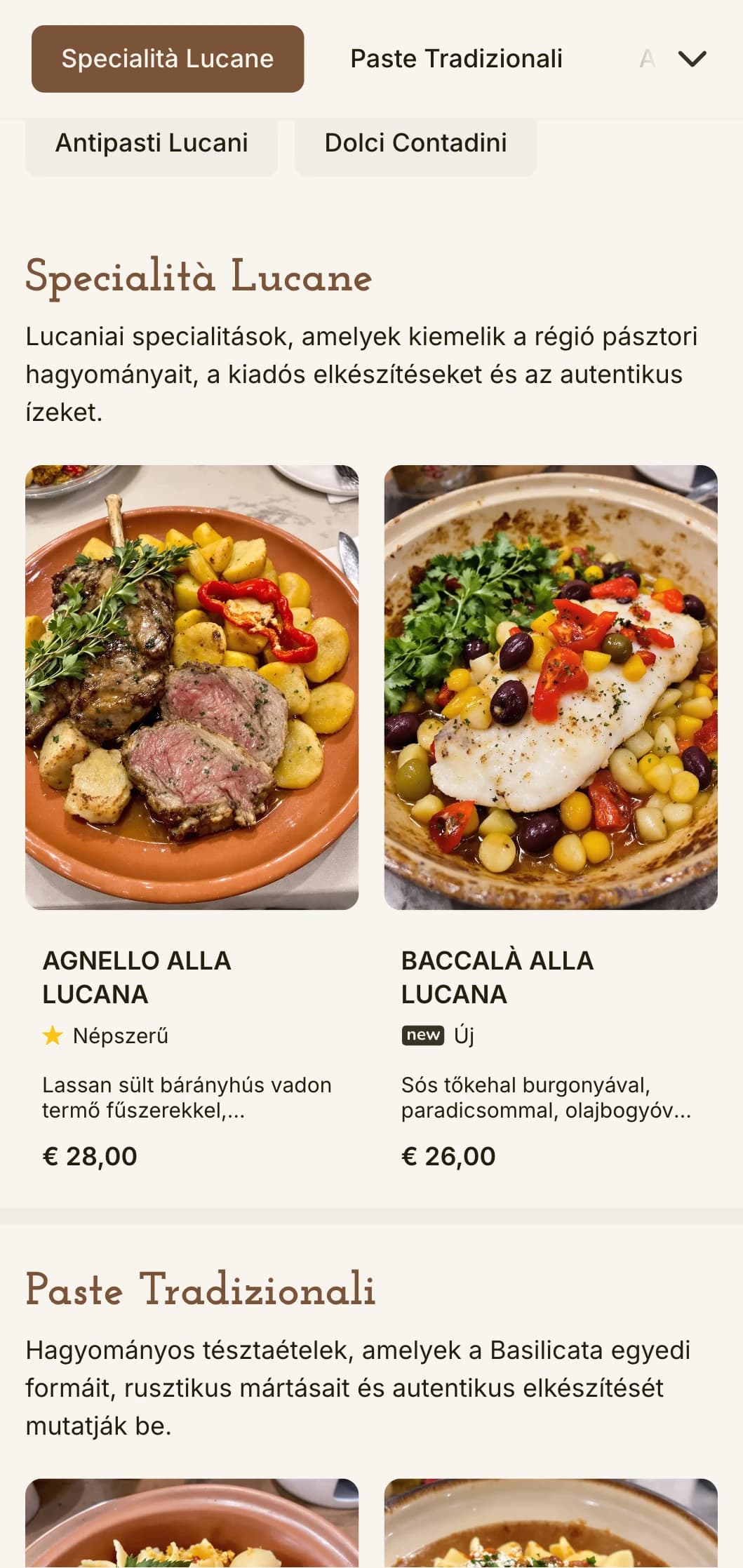 Földies, hagyományos design, amely a Basilicata rusztikus, szerény konyháját tükrözi, meleg terrakotta elemekkel.