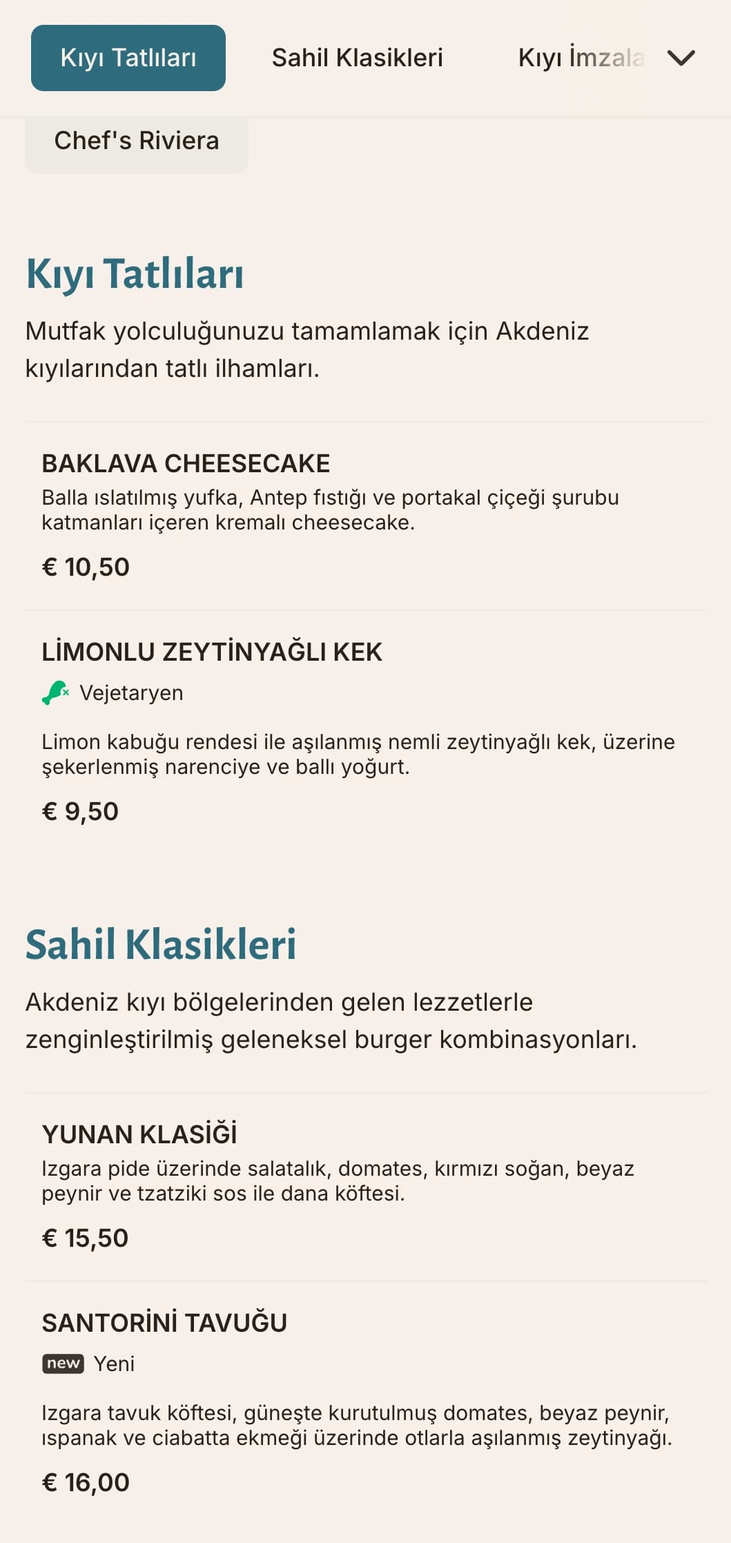 Akdeniz mavisi vurgulara ve taze içeriklere odaklanan kıyıdan ilham alan burger menüsü.