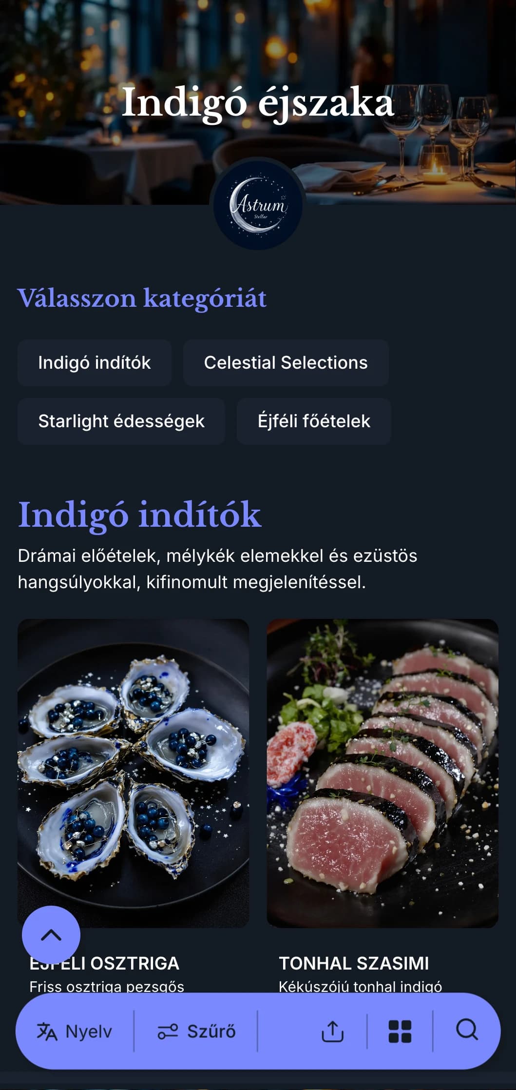 Mély indigókék színű, éjkék tónusú, ezüstös hangsúlyokkal díszített vacsora menü, amelyet kifinomult esti étkezésekhez terveztek.