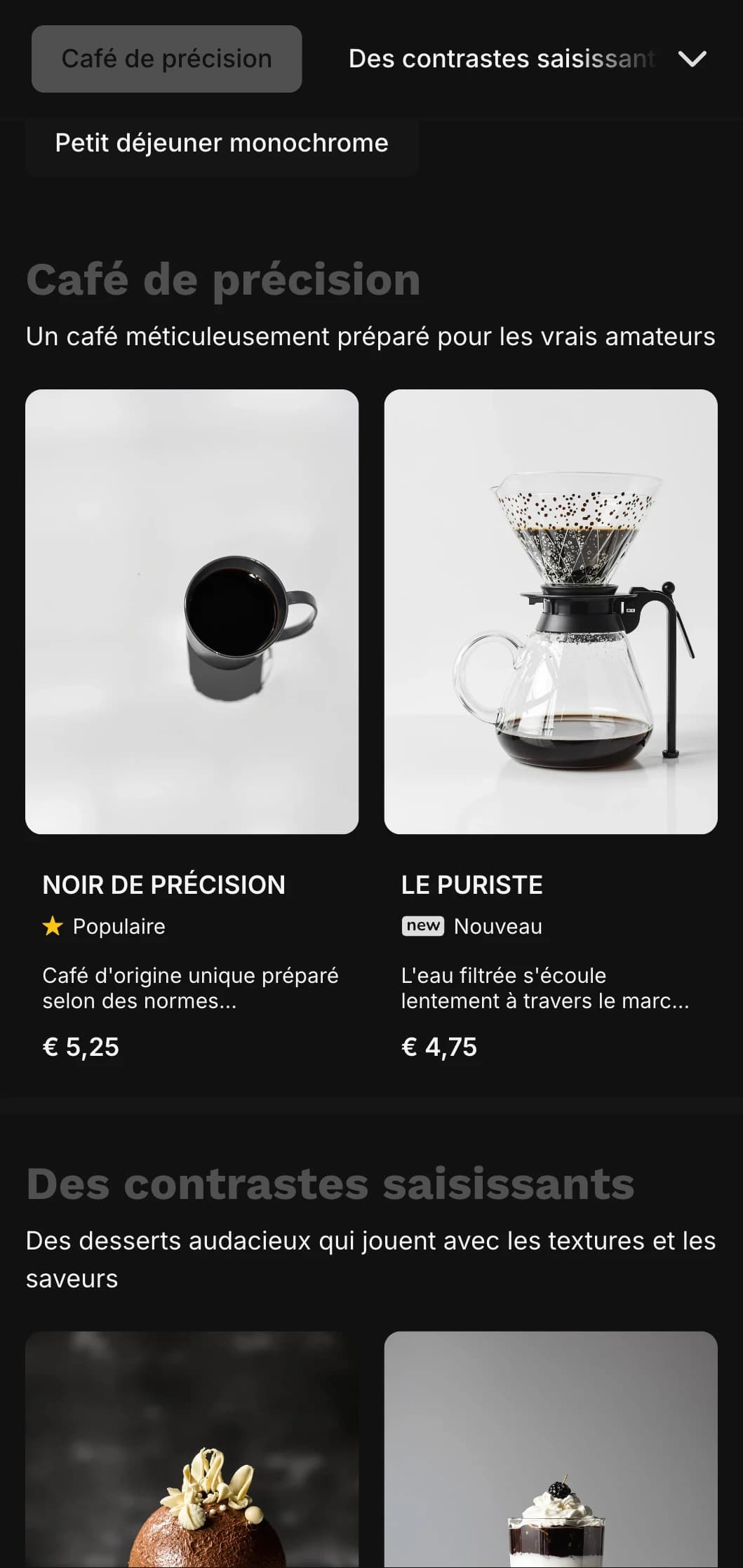 Design audacieux en noir et blanc avec une typographie forte pour les cafés spécialisés.