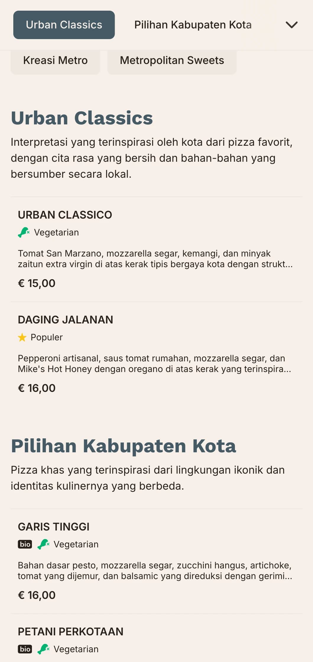 Menu pizza metropolitan perkotaan dengan garis-garis bersih dan desain kontemporer untuk tempat di kota.