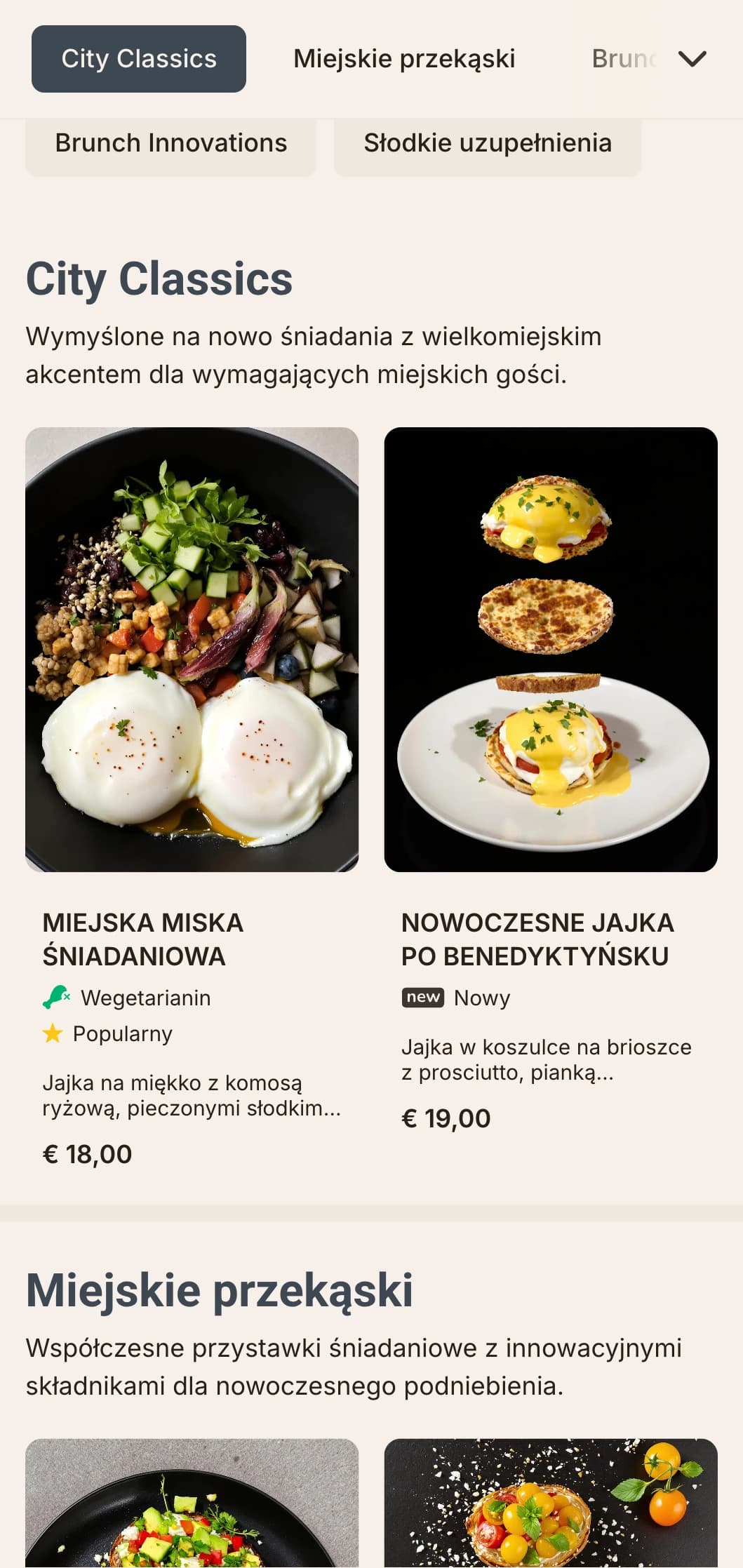Eleganckie, współczesne opcje śniadaniowe dla nowoczesnego mieszkańca miasta, charakteryzujące się minimalistyczną prezentacją i innowacyjnymi połączeniami smakowymi.