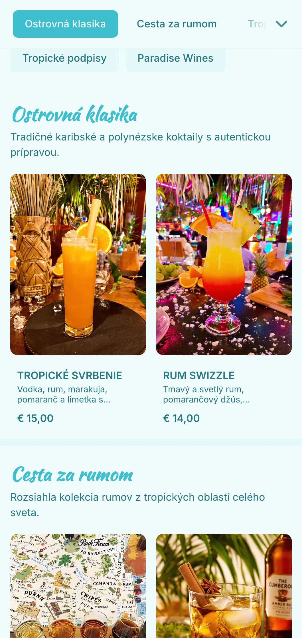 Svetlý tyrkysový dizajn s tropickými prvkami pre tiki a rumové bary.