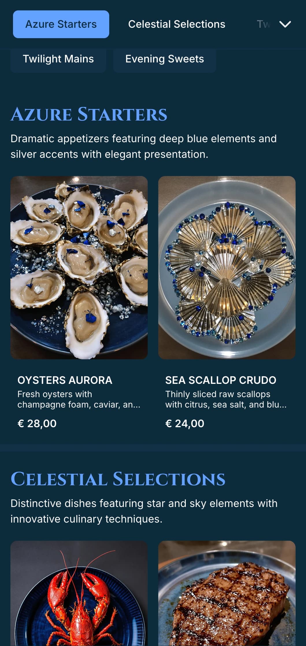 A dramatic deep blue dinner menu with twilight inspiration and silver accents, designed for sophisticated evening dining.