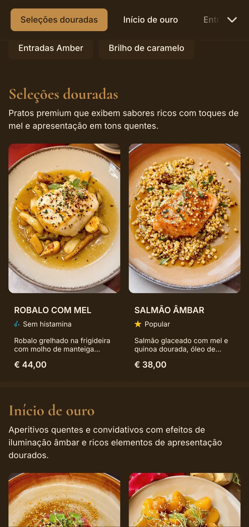 Conceito gastronômico rico e acolhedor, com tons de âmbar e iluminação dourada para uma experiência de luxo íntima.