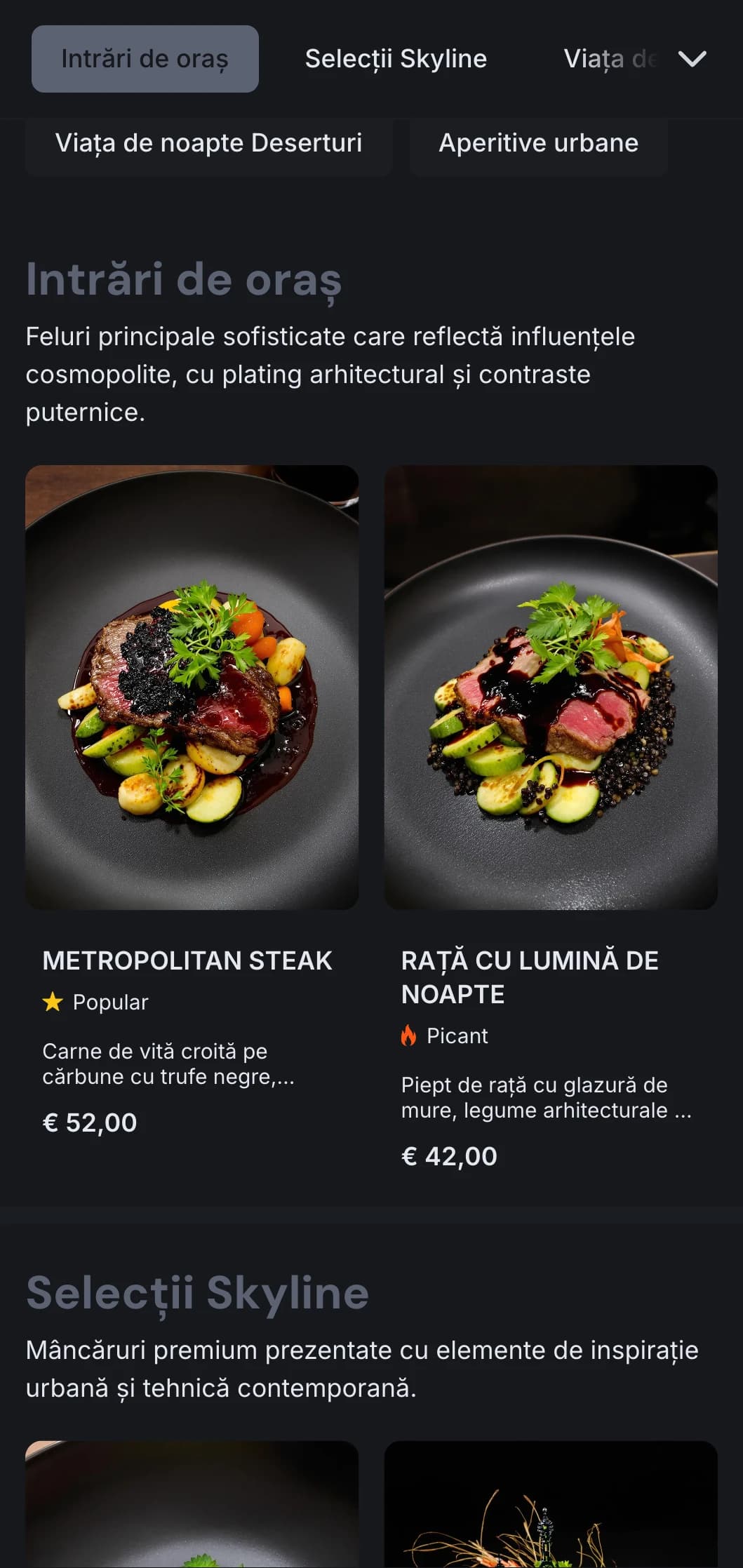 Concept îndrăzneț, metropolitan, cu tonuri întunecate și contraste puternice pentru o experiență culinară urbană contemporană.