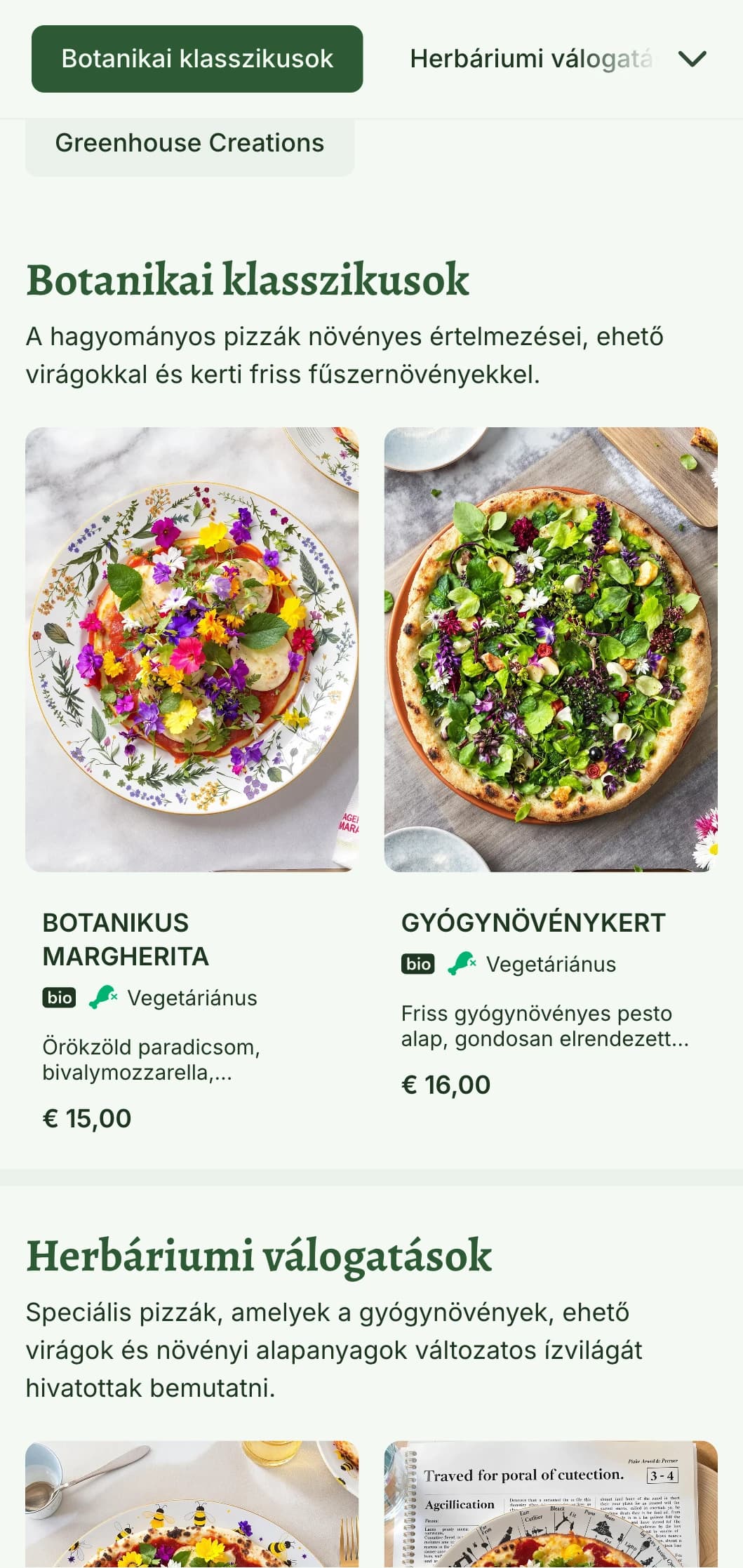 Növényi pizza menü botanikai illusztrációkkal és természetes design elemekkel.