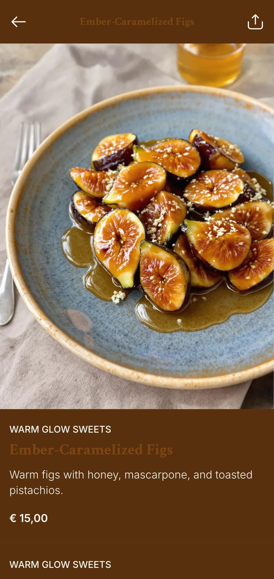 A warm, hearth-inspired dinner menu featuring amber tones and rustic elements, perfect for restaurants with open-flame cooking.
