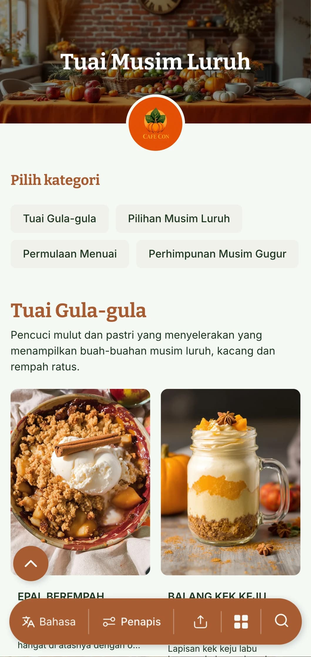 Templat sarapan tengah hari bermusim dengan warna musim luruh yang hangat, sesuai untuk kafe yang menampilkan tawaran sarapan berinspirasikan hasil tuaian.