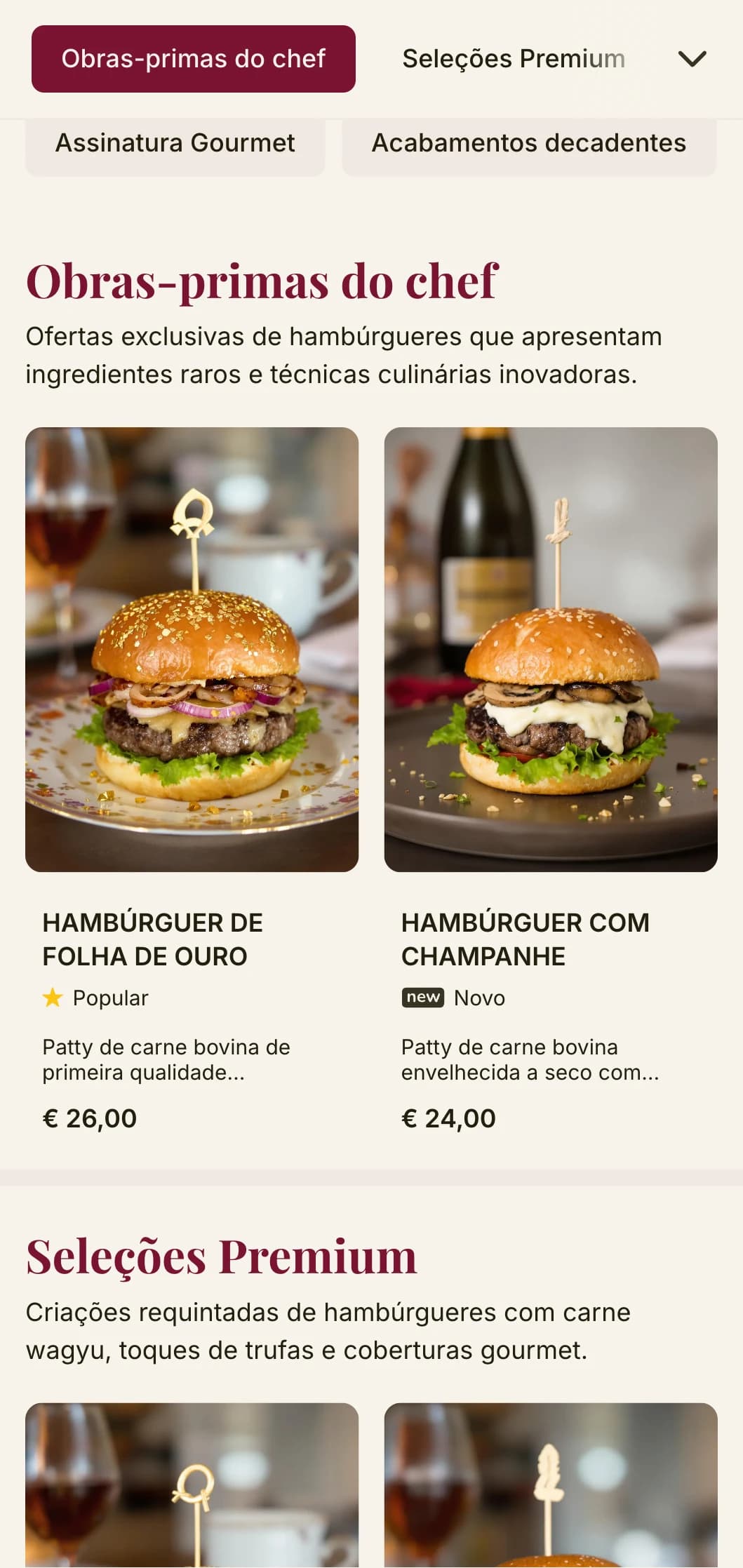 Uma lanchonete de hambúrgueres sofisticada com tipografia premium e uma paleta de cores rica para uma experiência de hambúrguer de alto nível.
