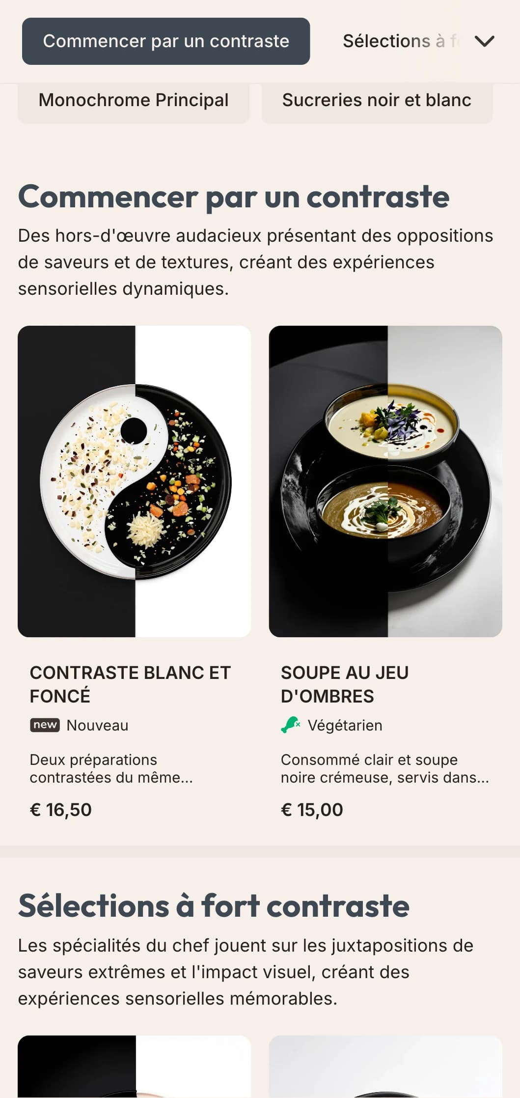 Carte de déjeuner en noir et blanc avec un contraste élevé et une typographie audacieuse, parfaite pour les restaurants minimalistes et les espaces d'art contemporain.