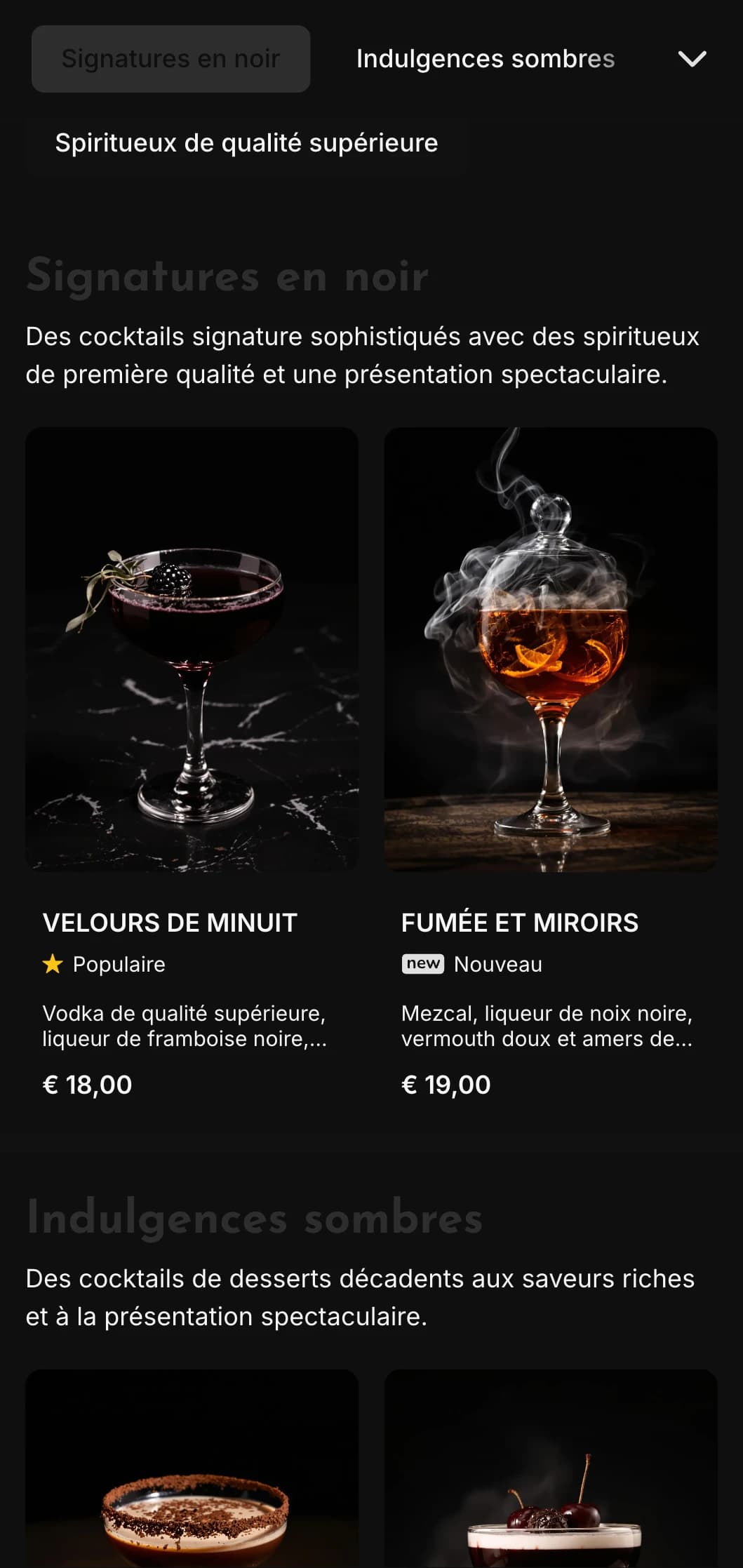 Un design sombre et élégant pour les salons de cocktails et les boîtes de nuit contemporains, avec des éléments très contrastés et une typographie audacieuse.