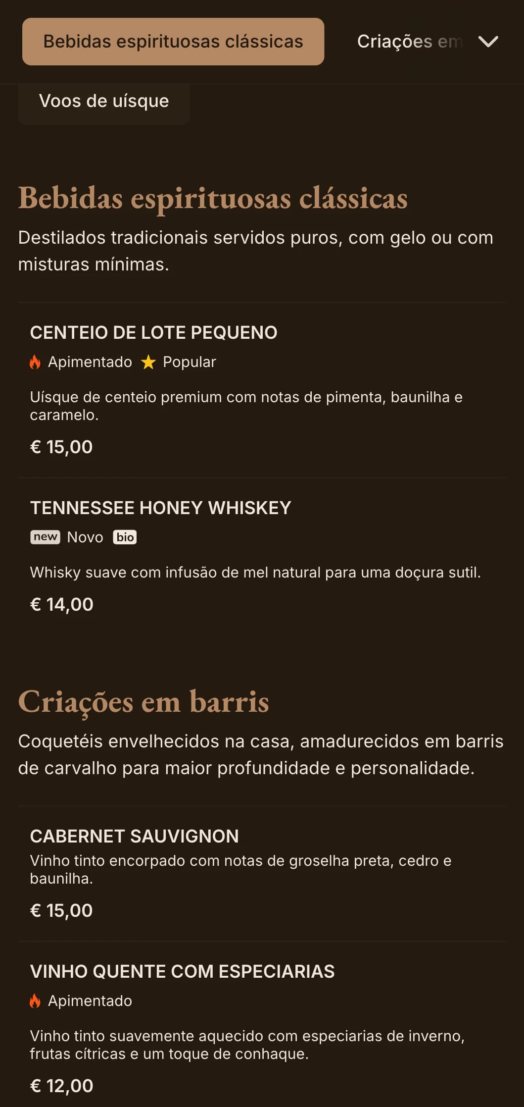 Tons marrons ricos com tipografia clássica para bares de uísque e pubs tradicionais.