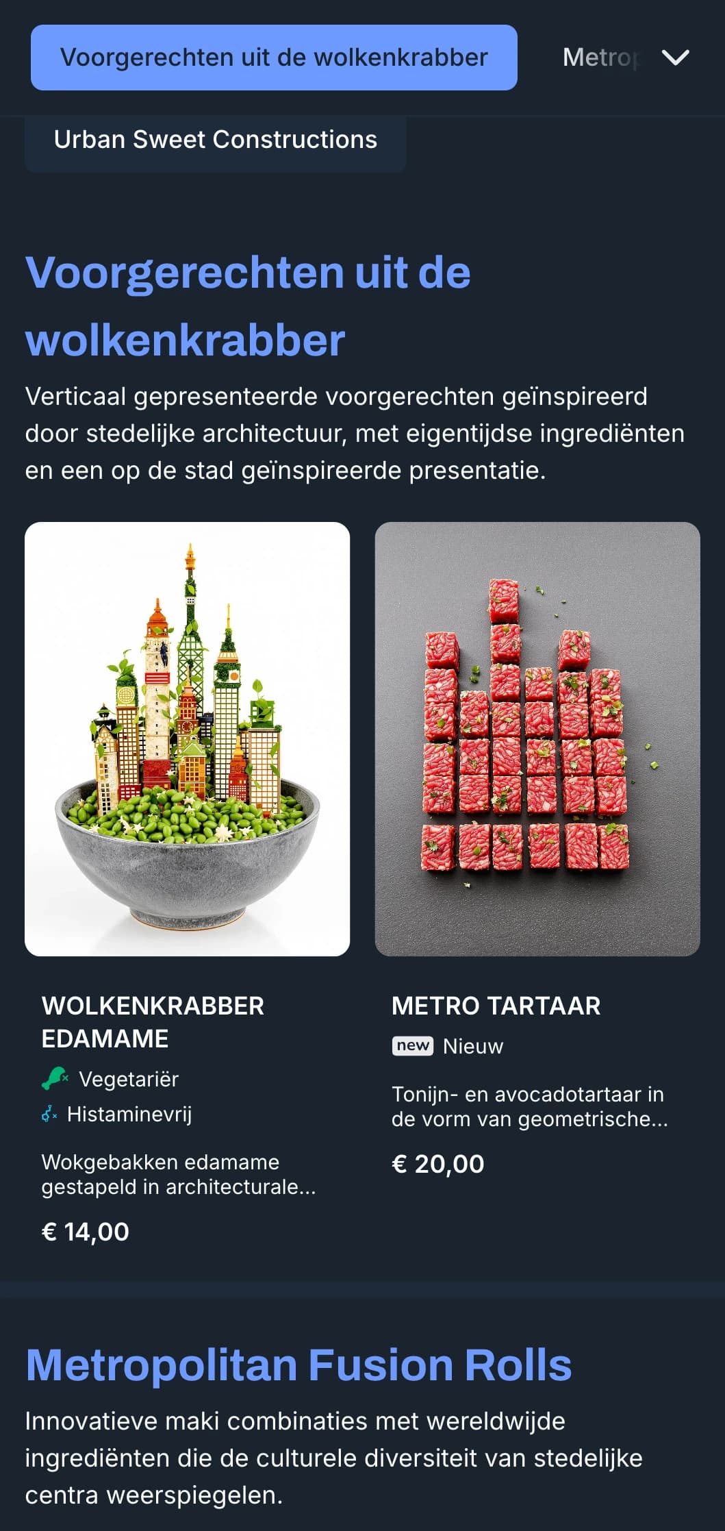 Eigentijds, op de stad geïnspireerd sushi-menu met koele blauwe tinten en stedelijke designelementen voor trendy locaties.