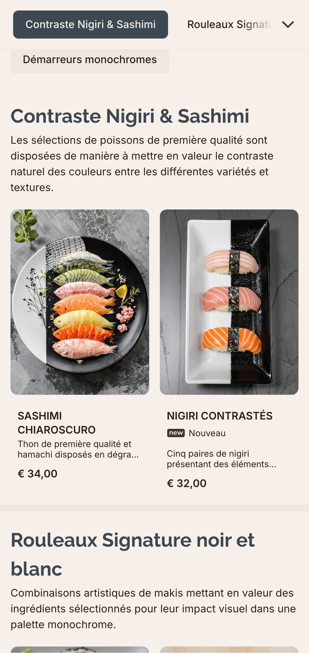 Menu de sushi sophistiqué en noir et blanc avec de subtils accents gris, parfait pour les restaurants contemporains minimalistes.