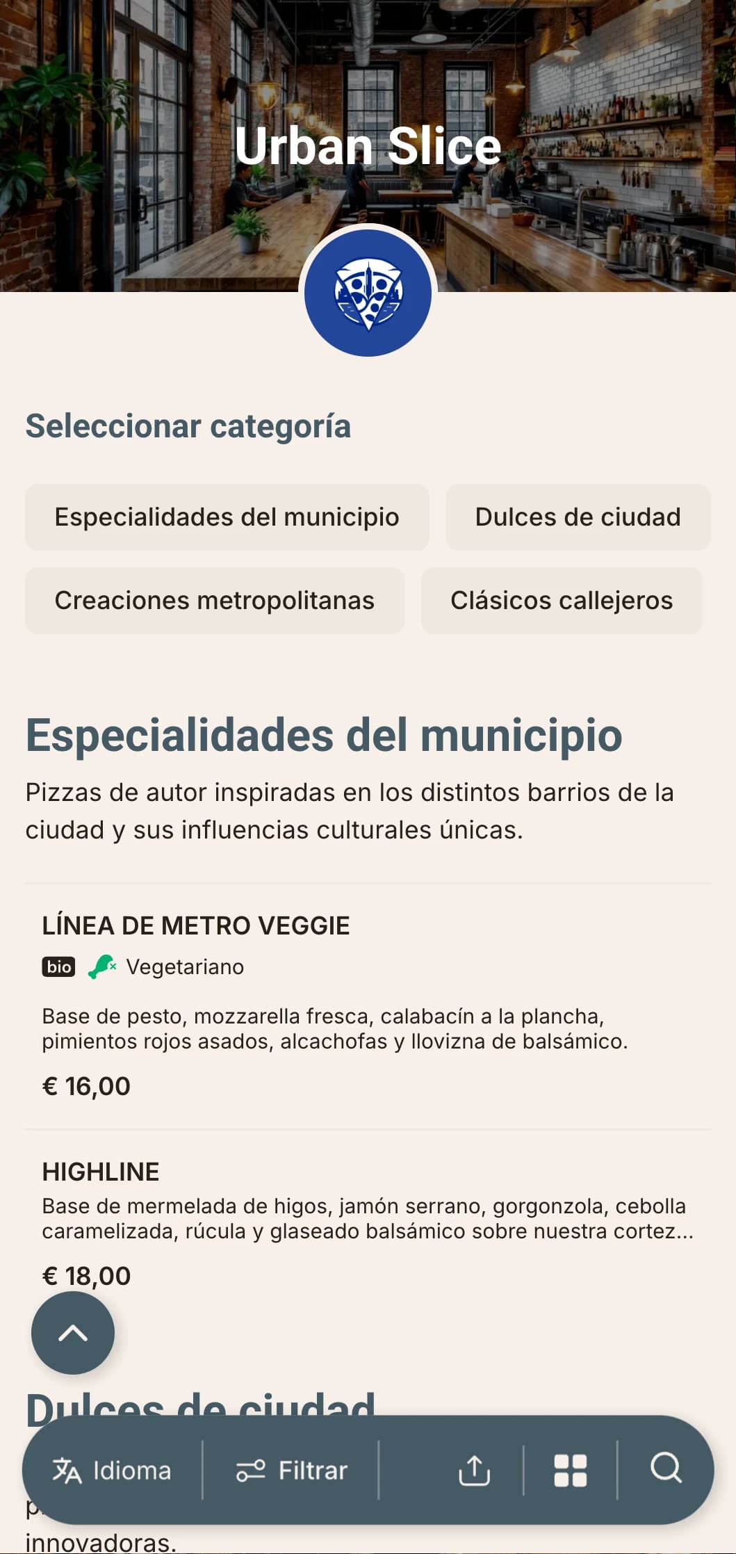 Carta de pizza urbana contemporánea con elementos de diseño industrial, perfecta para pizzerías del centro de la ciudad.