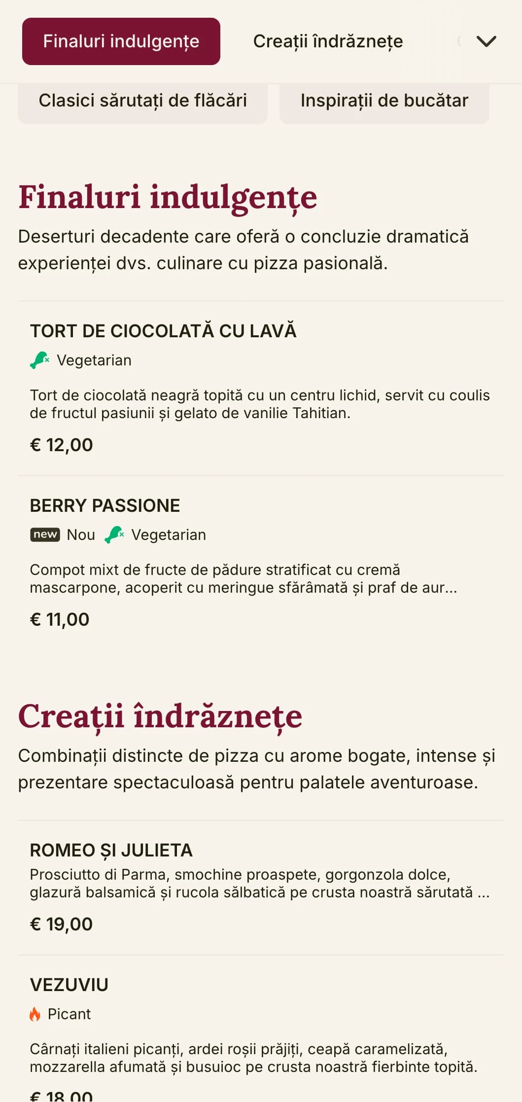 Design de meniu de pizza îndrăzneț și pasional, cu culori bogate și elemente teatrale pentru pizzerii cu caracter distinctiv.