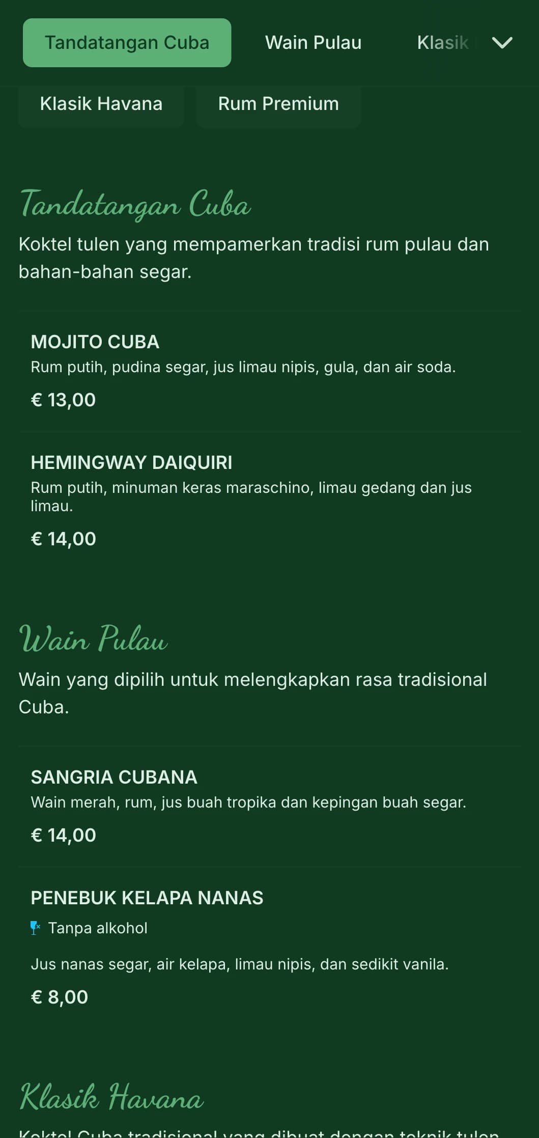 Reka bentuk hijau tropika dengan unsur vintaj untuk bar rum berinspirasikan Cuba.