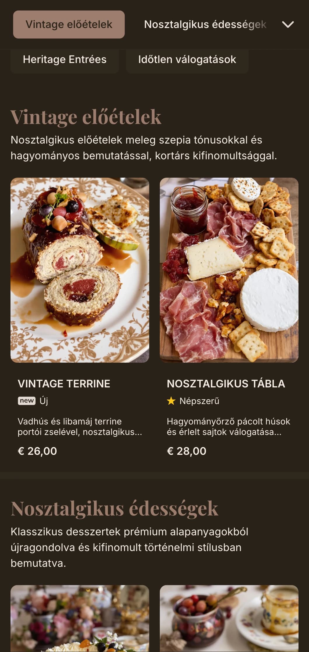 Nosztalgikus koncepció meleg szepia tónusokkal és vintage luxus elemekkel az időtlen étkezési élményért.