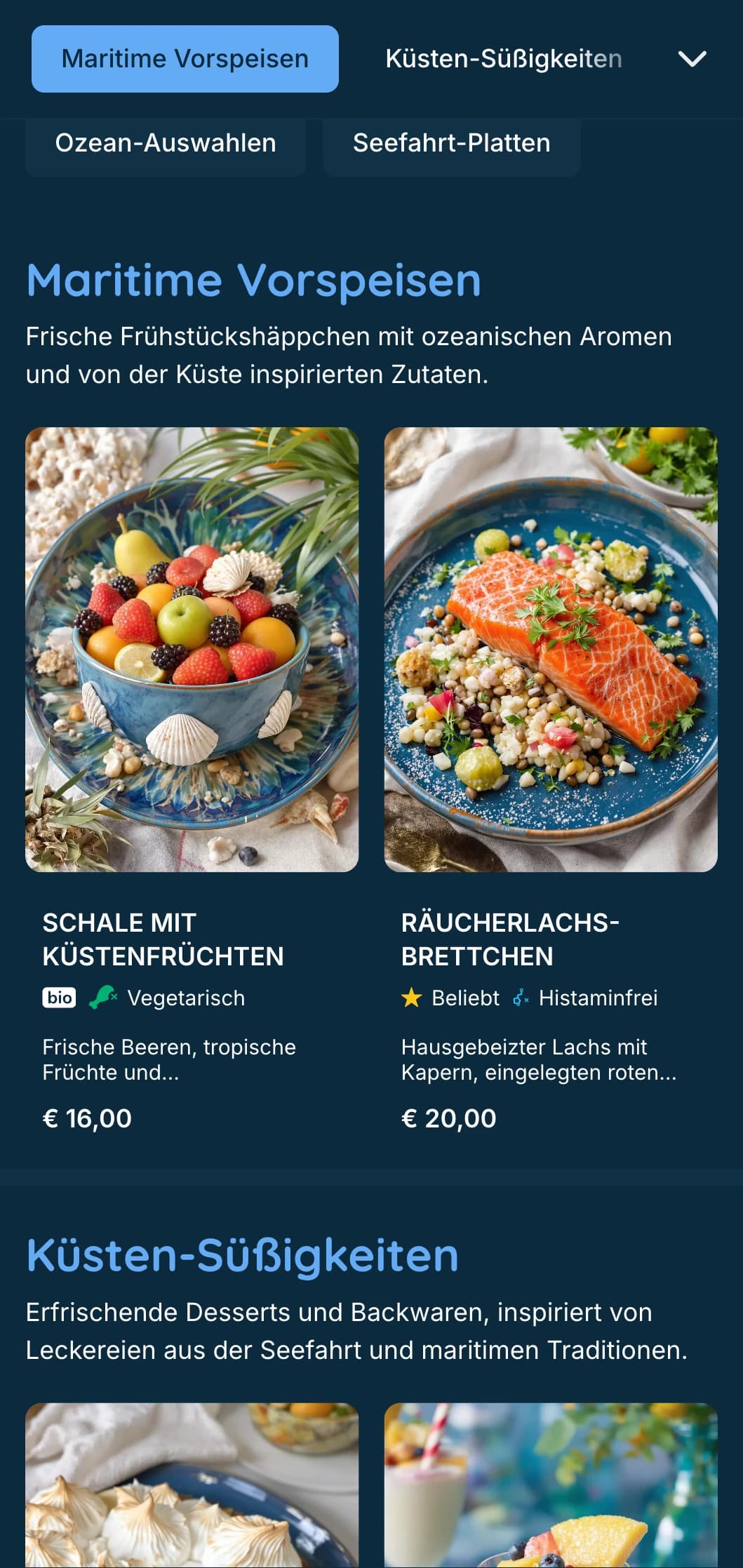 Frische, maritime Brunch-Vorlage mit tiefblauen Tönen, ideal für Meeresfrüchte-Brunch und Strandlokale.