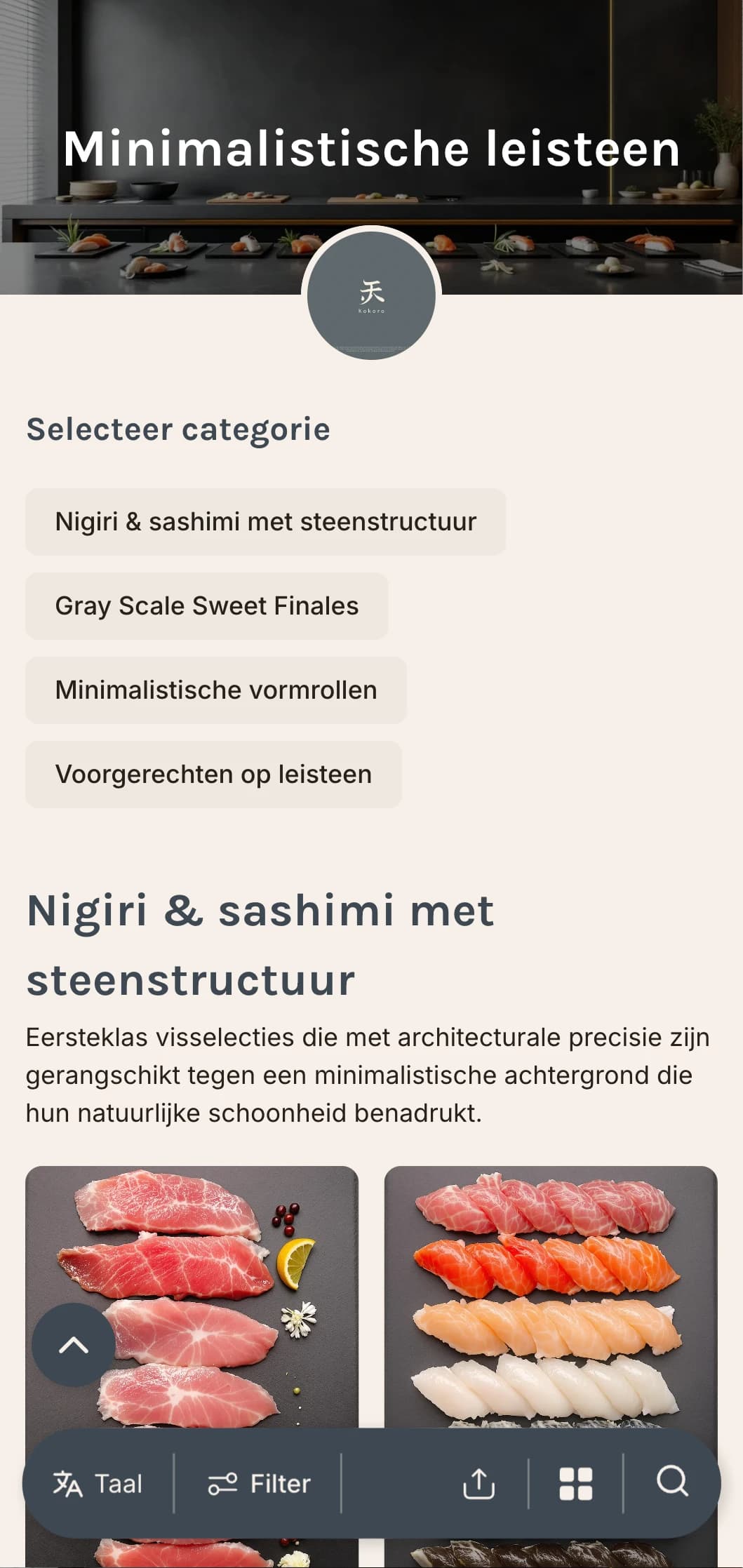 Strak eigentijds sushi-menu met leigrijze tinten en minimalistisch design voor chique casual gelegenheden.