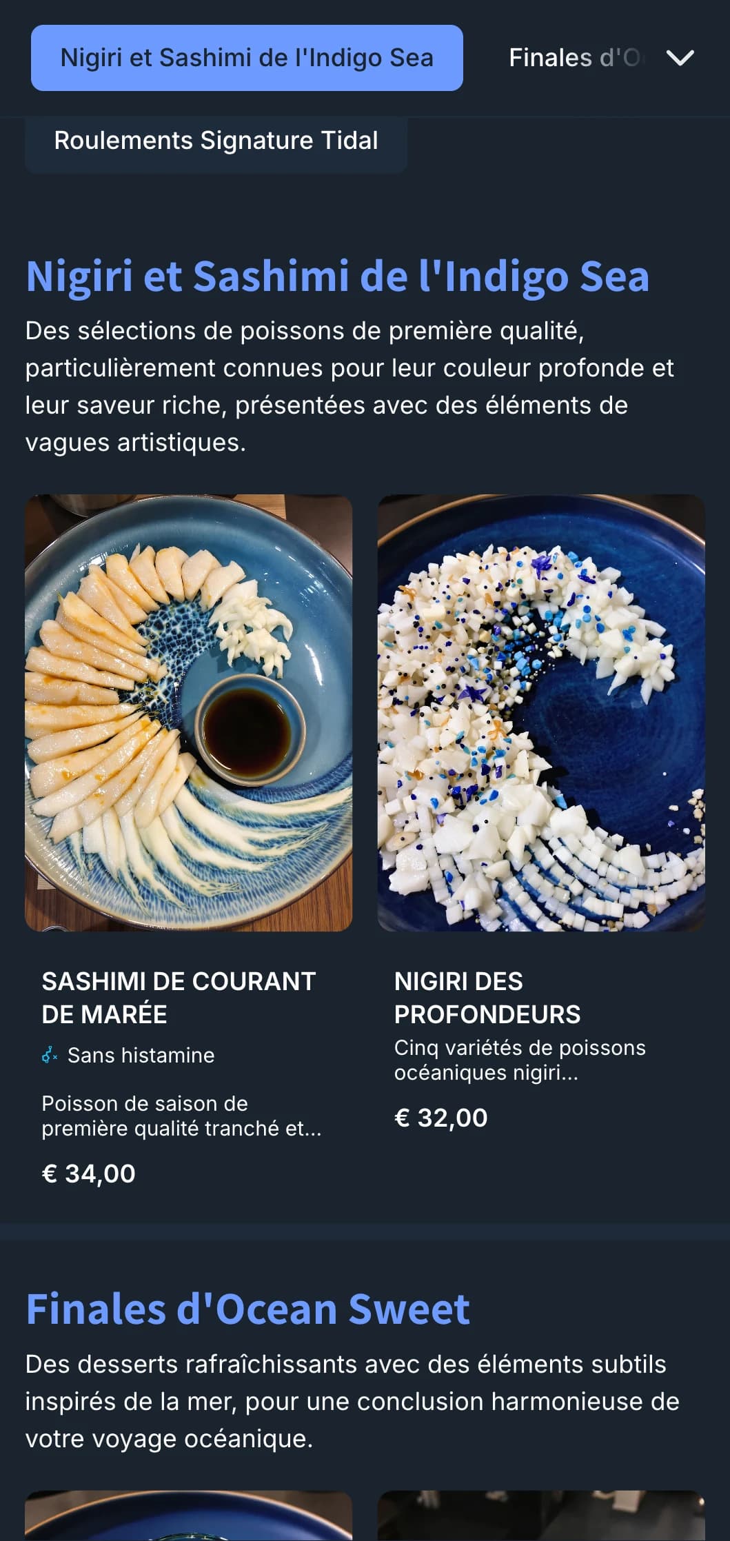Menu de sushi inspiré de l'océan, avec des vagues indigo profondes et un design contemporain pour les restaurants axés sur les fruits de mer.