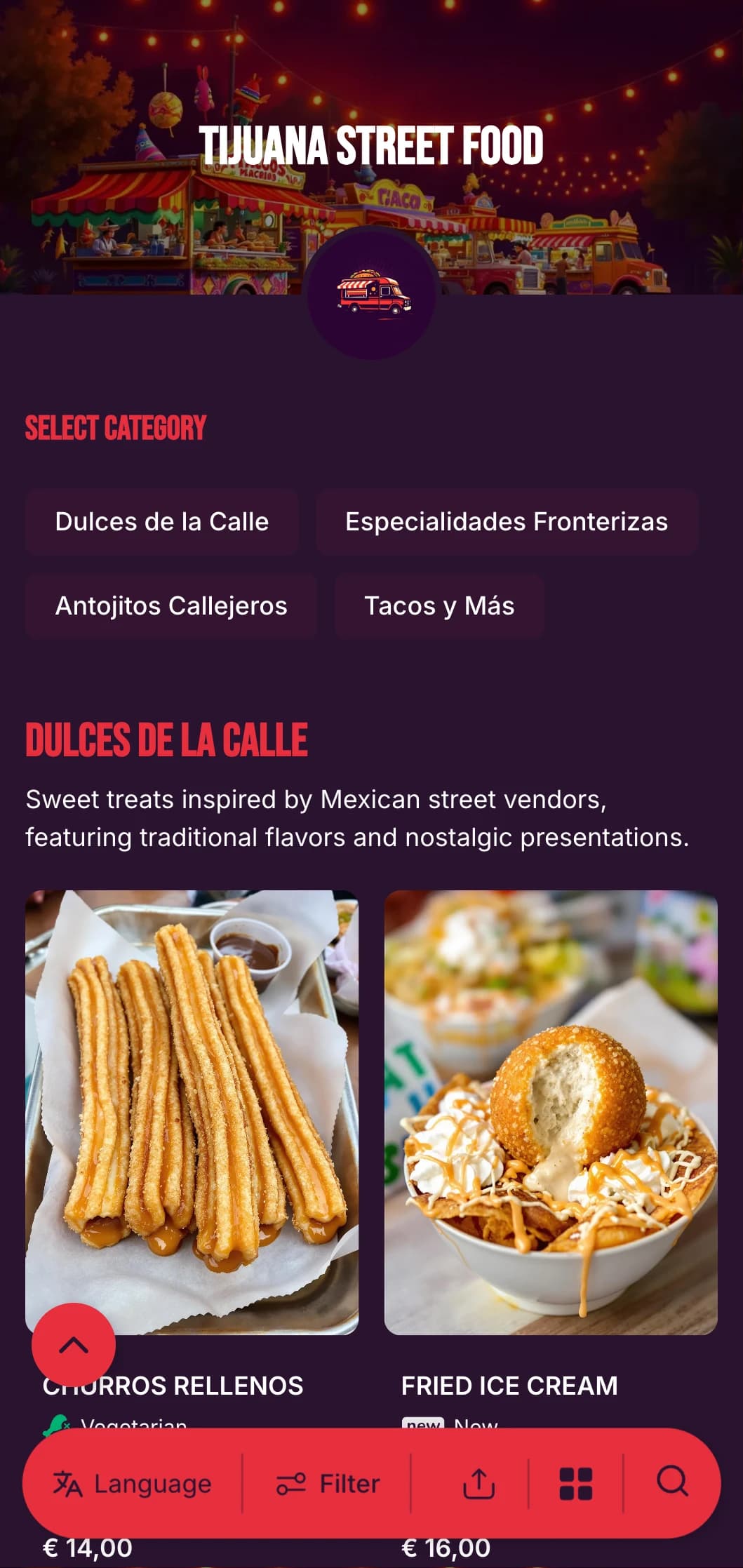 Bold and energetic street food menu inspired by Tijuana's vibrant food scene with bright colors, casual typography, and authentic taco specialties.