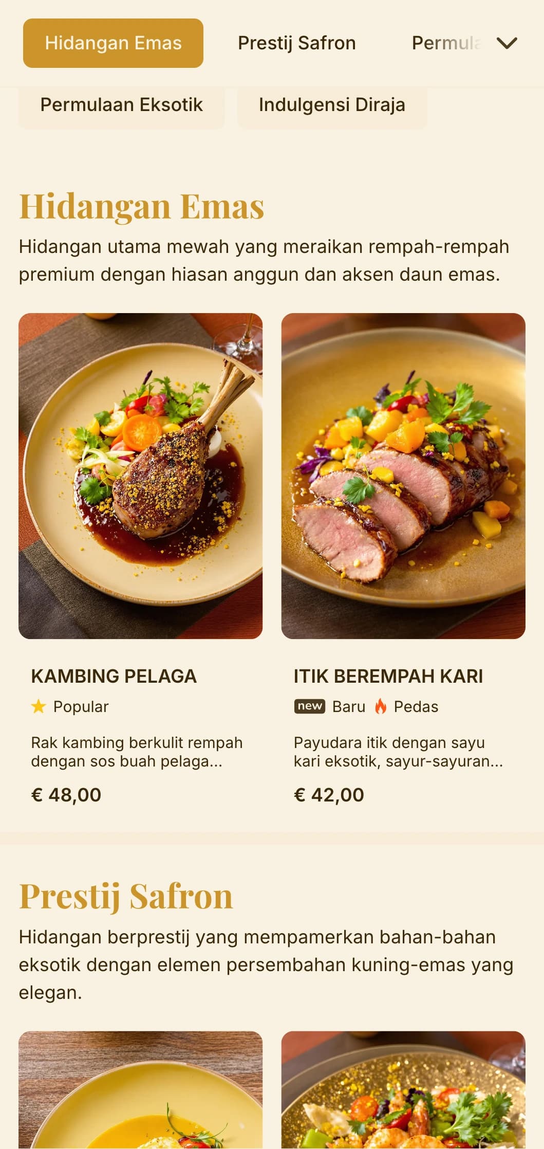Konsep mewah yang diilhamkan oleh rempah ratus eksotik dan tradisi makan diraja dengan warna emas dan kunyit yang kaya.