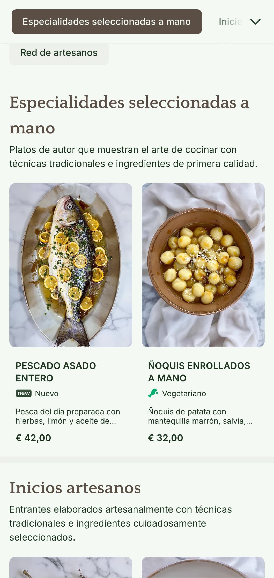 Un menú de cena cálido y artesanal con elementos de diseño inspirados en la artesanía y tonos terrosos, perfecto para restaurantes centrados en la cocina hecha a mano.