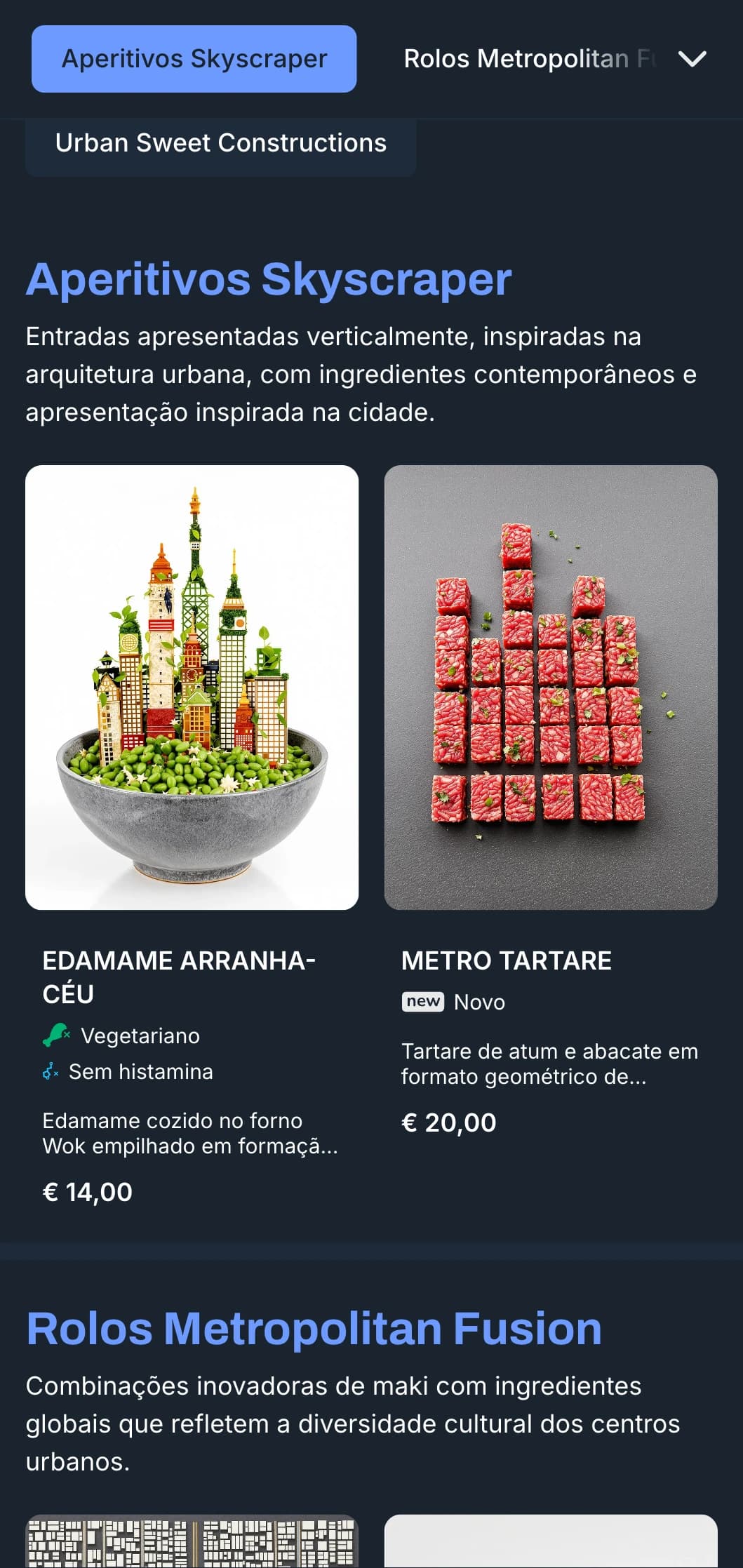 Cardápio de sushi contemporâneo inspirado na cidade, com tons azuis frios e elementos de design urbano para locais modernos.