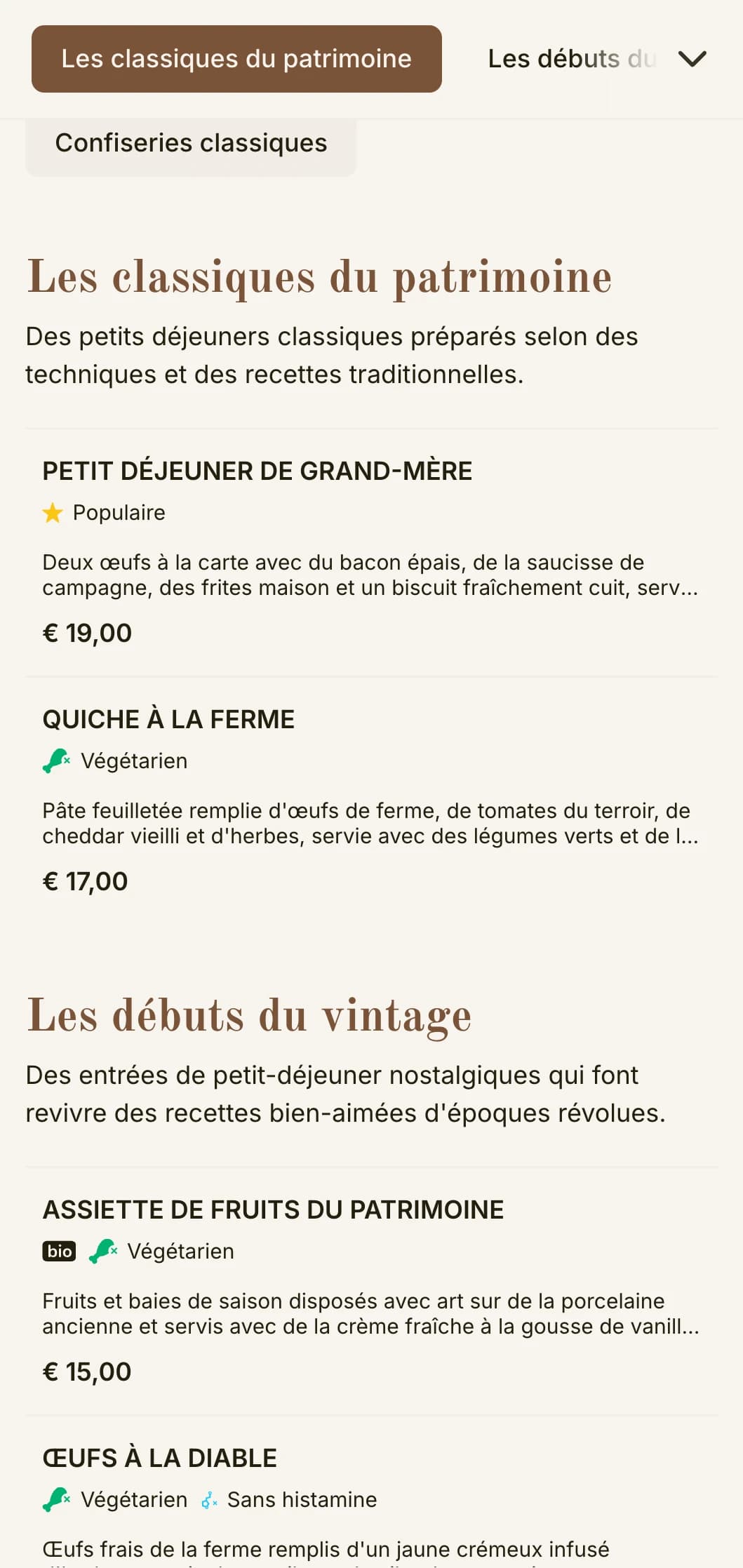 Des offres matinales nostalgiques inspirées de recettes bien-aimées du passé, présentées avec une élégance intemporelle.