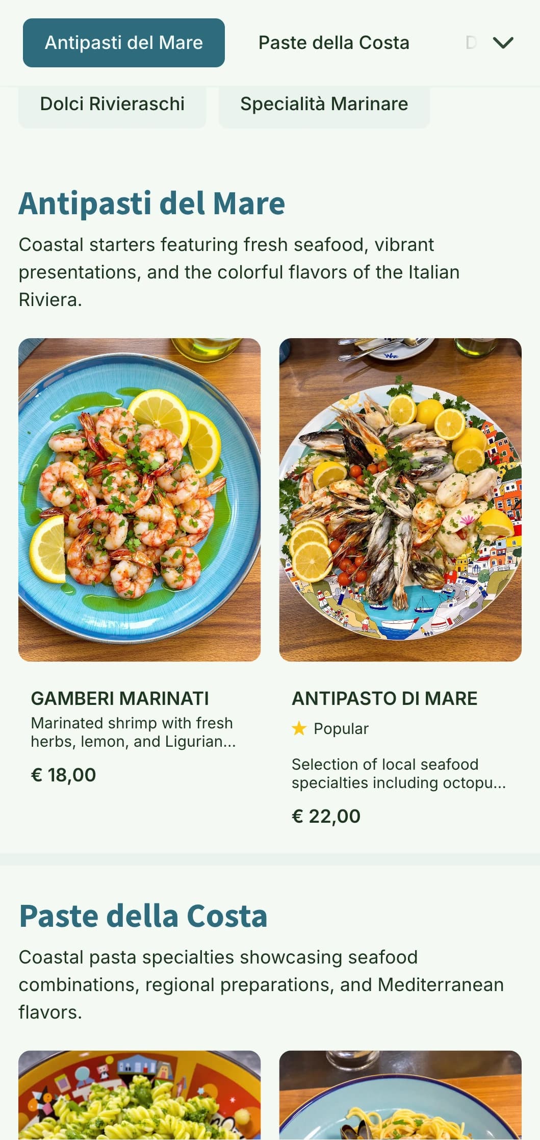 Vibrant design inspired by the colorful fishing villages of Cinque Terre and coastal Italian cuisine.