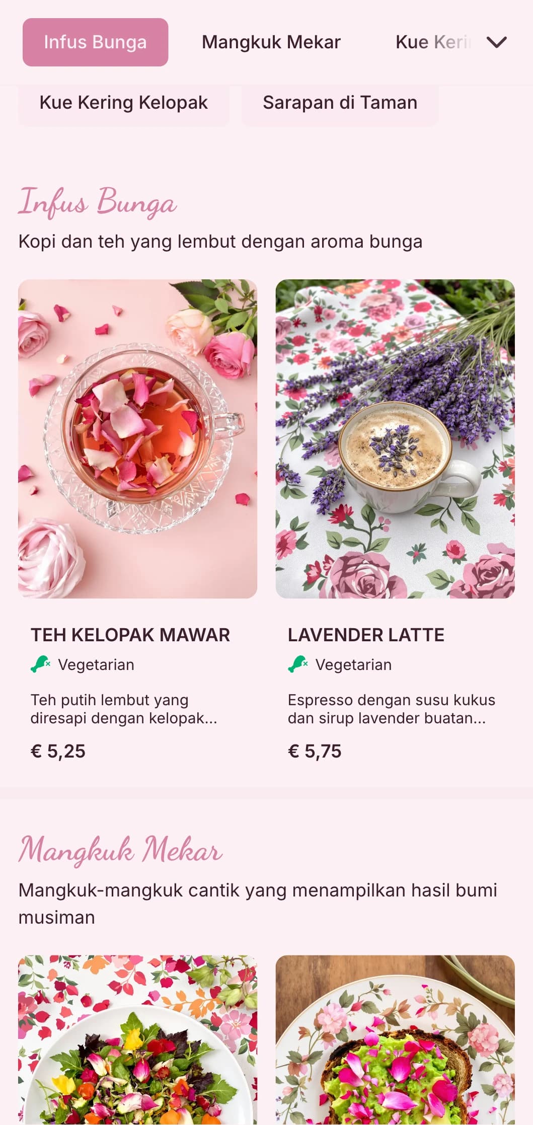 Desain merah muda yang romantis dengan elemen bunga untuk ruang teh taman dan kafe yang feminin.