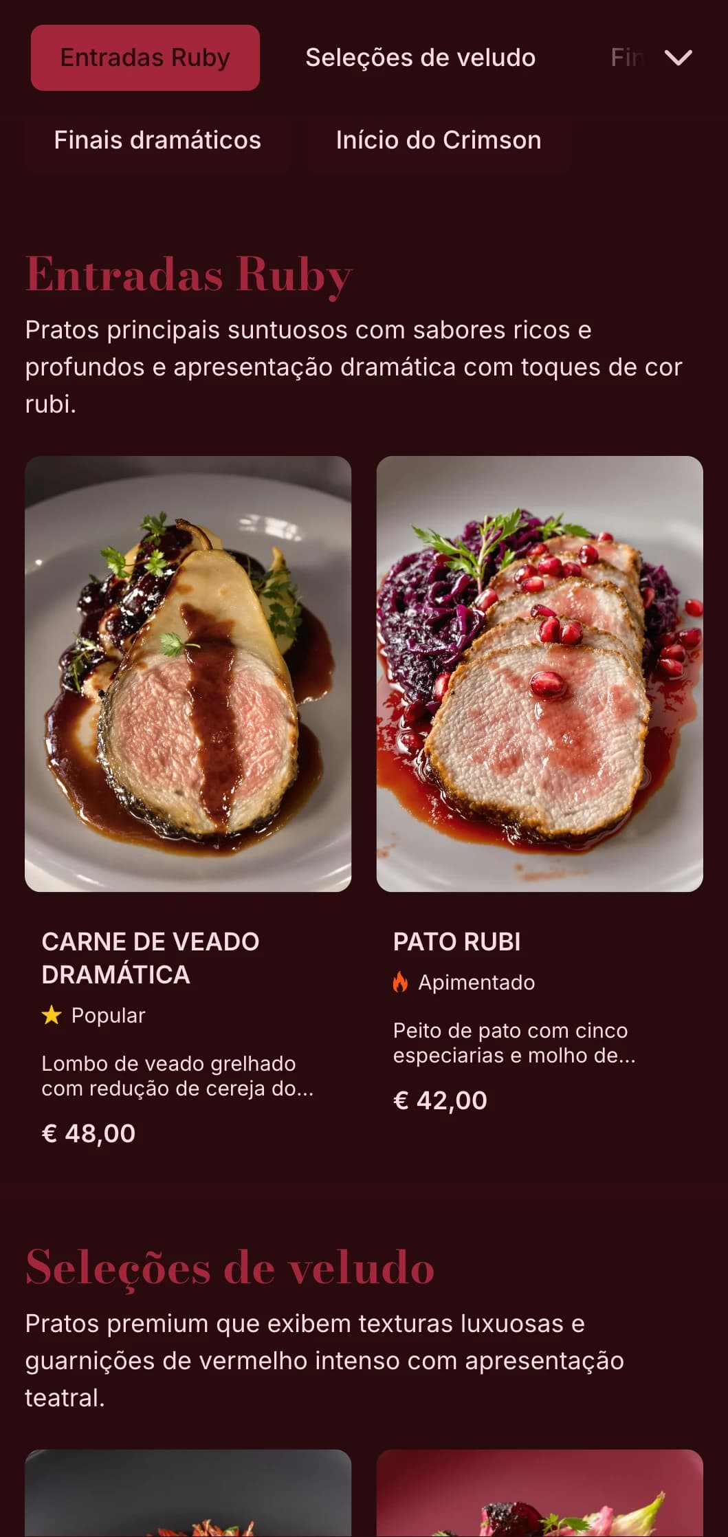 Conceito gastronômico rico e dramático com tons vermelhos profundos e texturas opulentas, criando uma experiência culinária teatral.