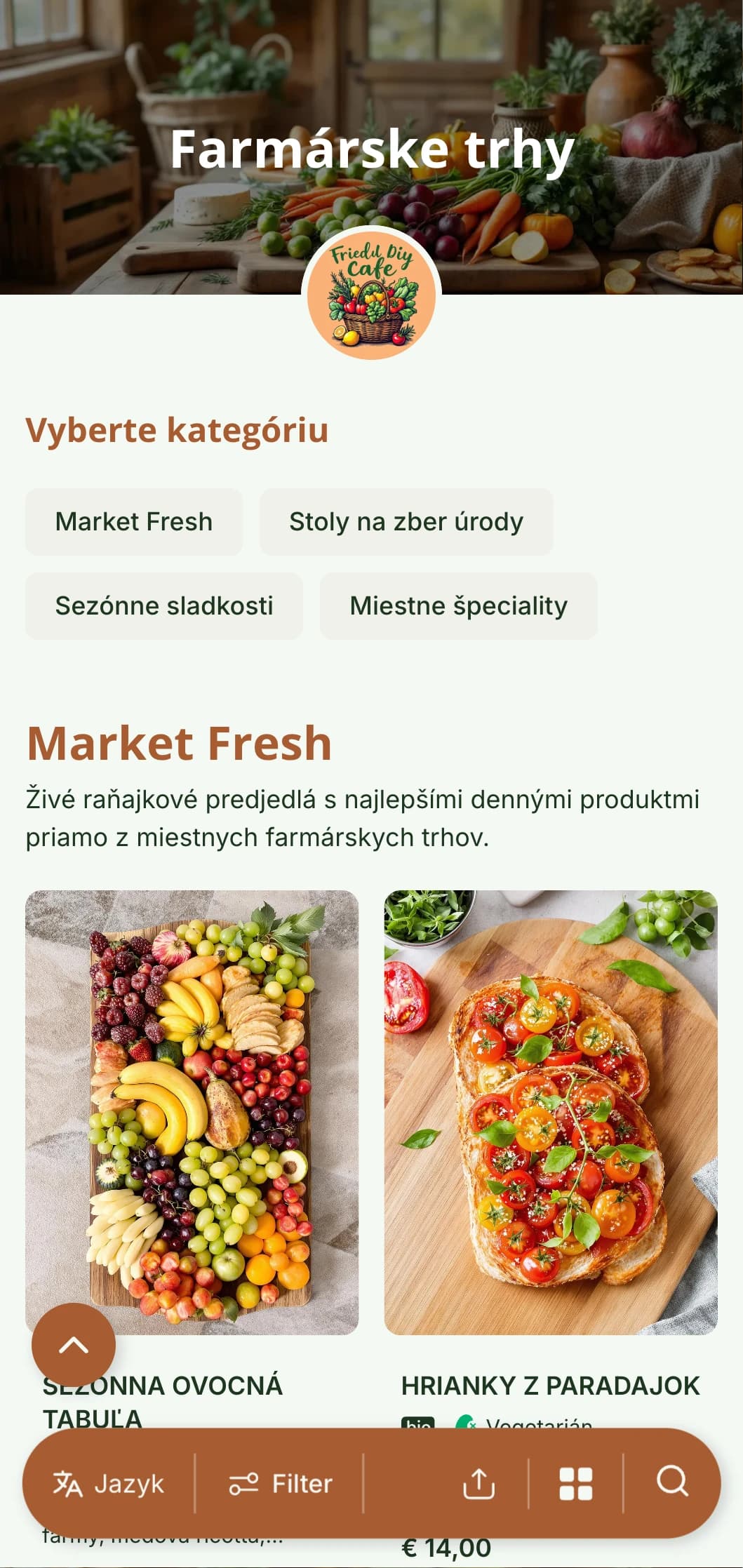 Svieža sezónna šablóna na brunch s rustikálnymi prvkami, ideálna pre kaviarne s miestnymi produktmi.