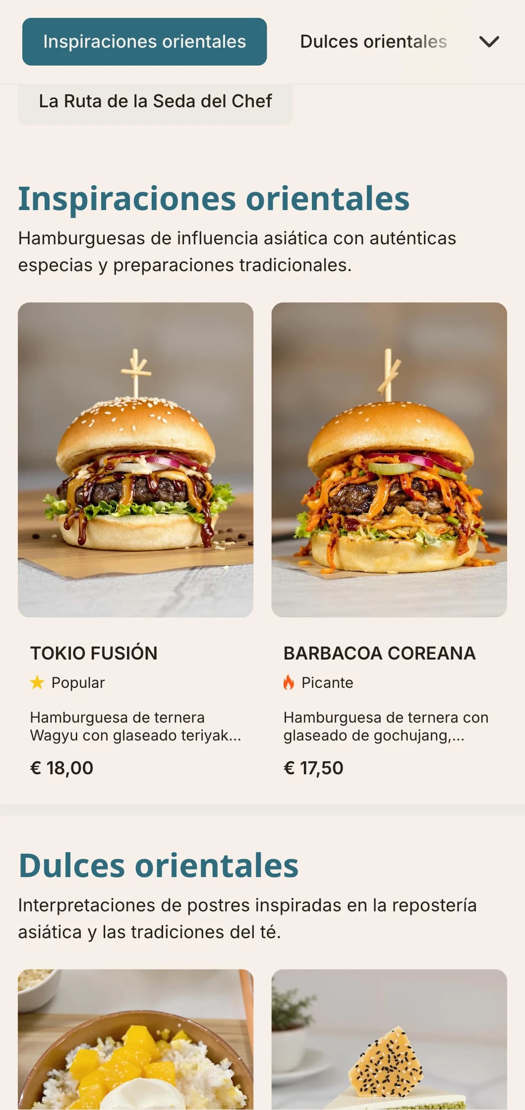 Fusión de Oriente y Occidente con sabores de inspiración asiática y presentación contemporánea.