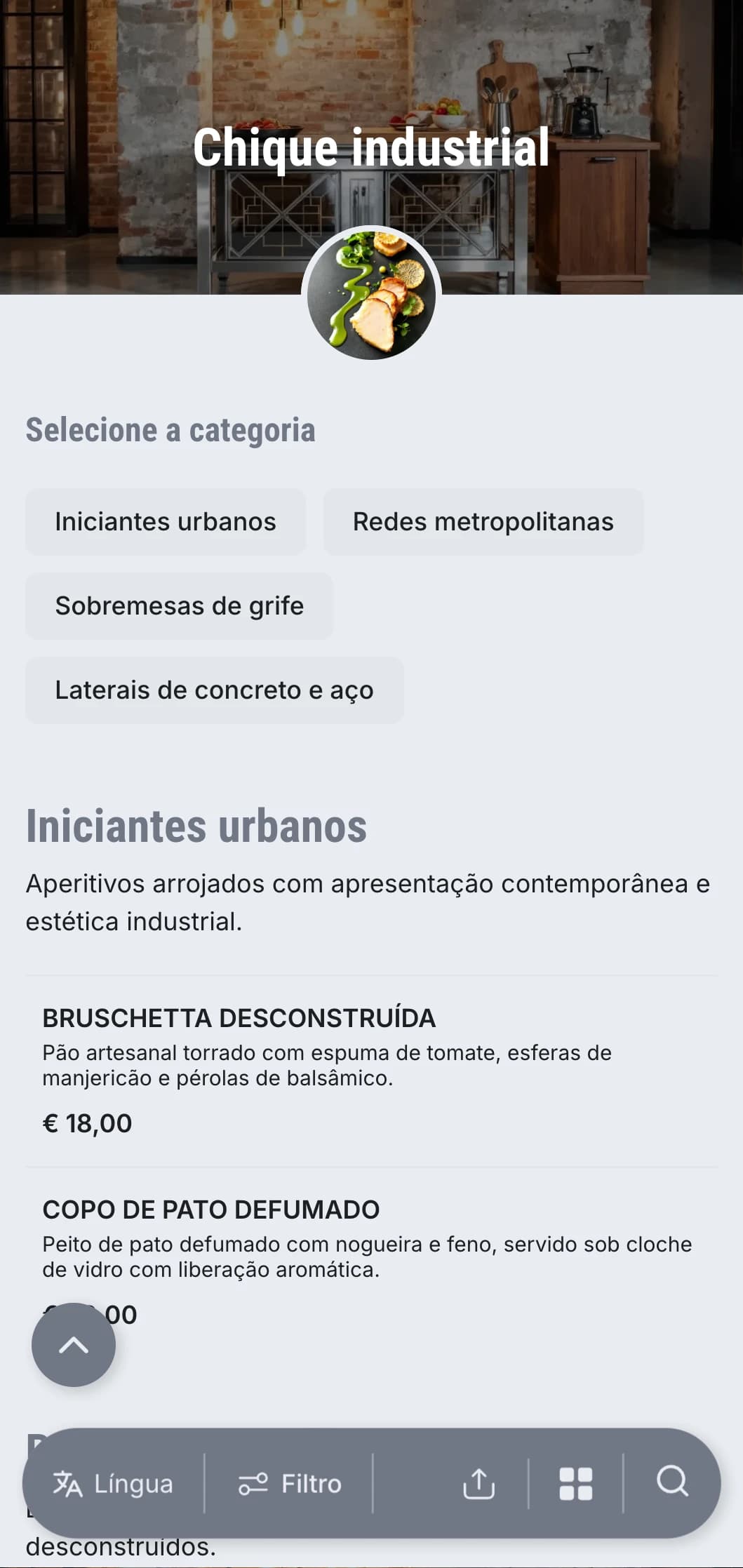 Apresentação de bufê crua e arrojada com estética urbana moderna, elementos metálicos e texturas de concreto para eventos em galpões e inaugurações de galerias.