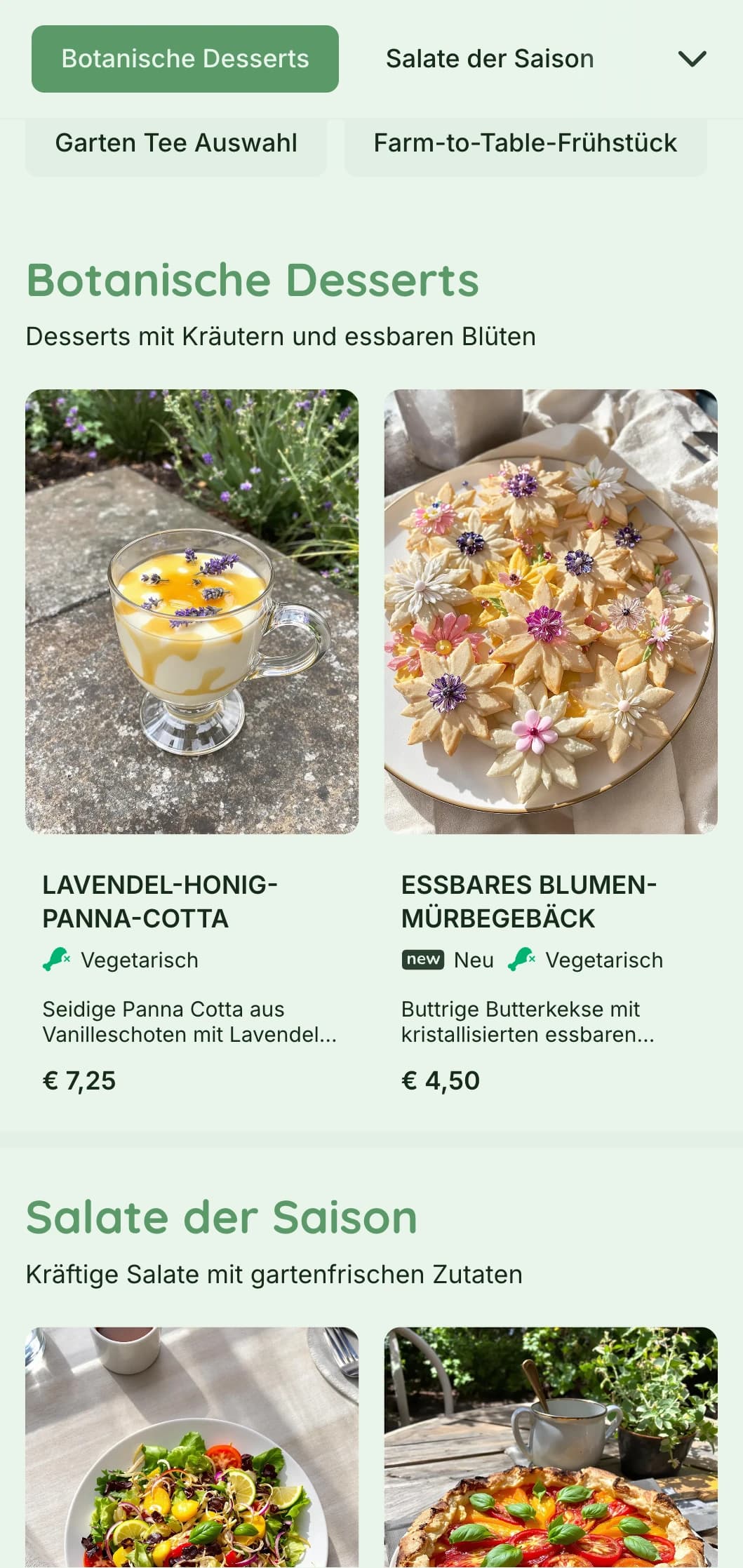 Lebendiges grünes Design mit botanischen Elementen für Gartencafés und Bio-Lokale.