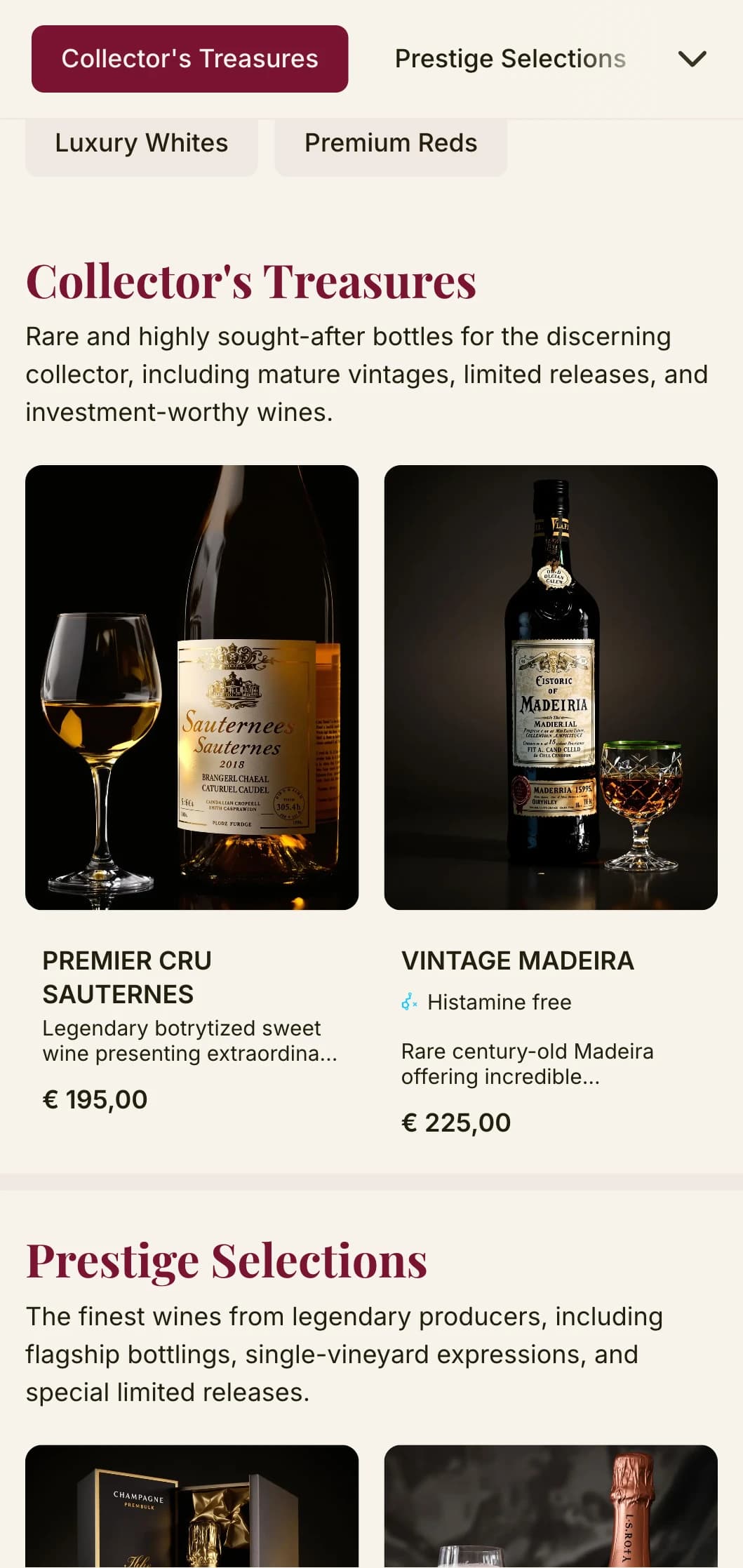 Dramatically luxurious wine list template with deep red accents and sophisticated typography, ideal for premium wine cellars and upscale establishments.