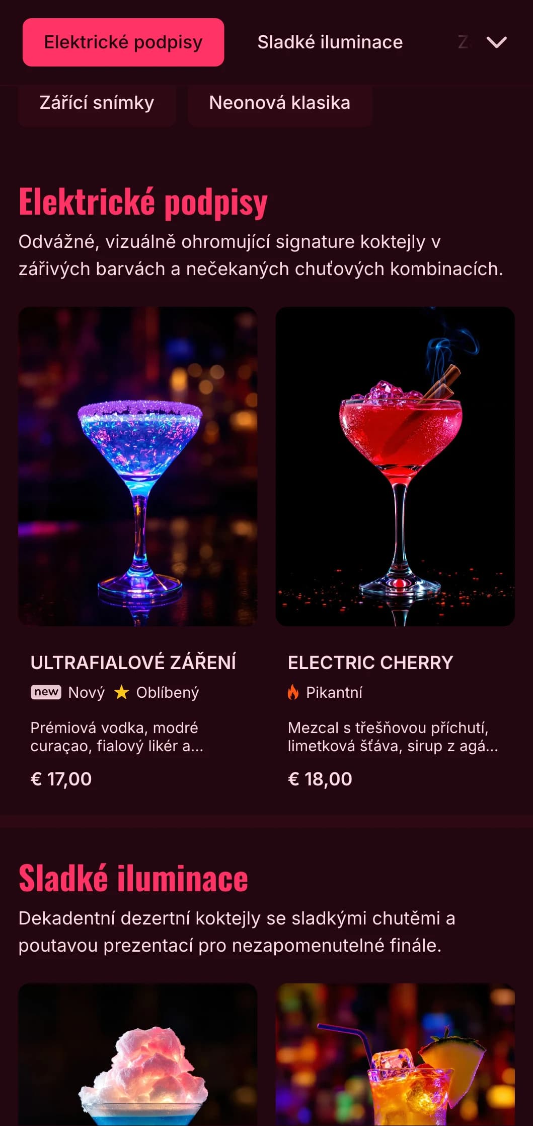 Odvážný, zářivý design jídelního lístku inspirovaný neonovým nočním životem je ideální pro moderní koktejlové bary a noční kluby.